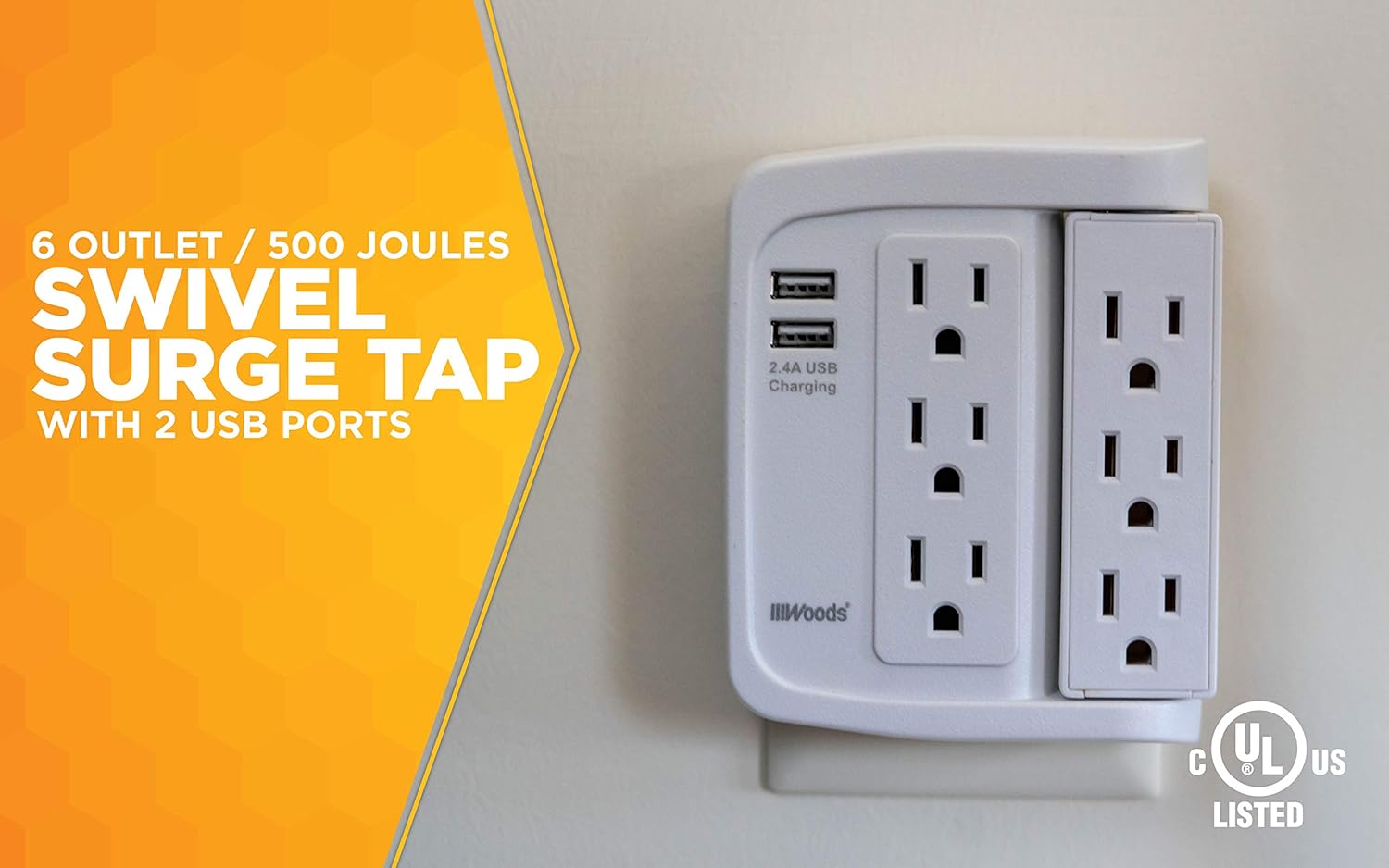 Southwire Woods 6 Space Saver Swivel Wall Tap - 3 Rotating Outlets - 2 USB Ports 2.4A - 500J Appliance Surge Protector - cULus Listed - White
