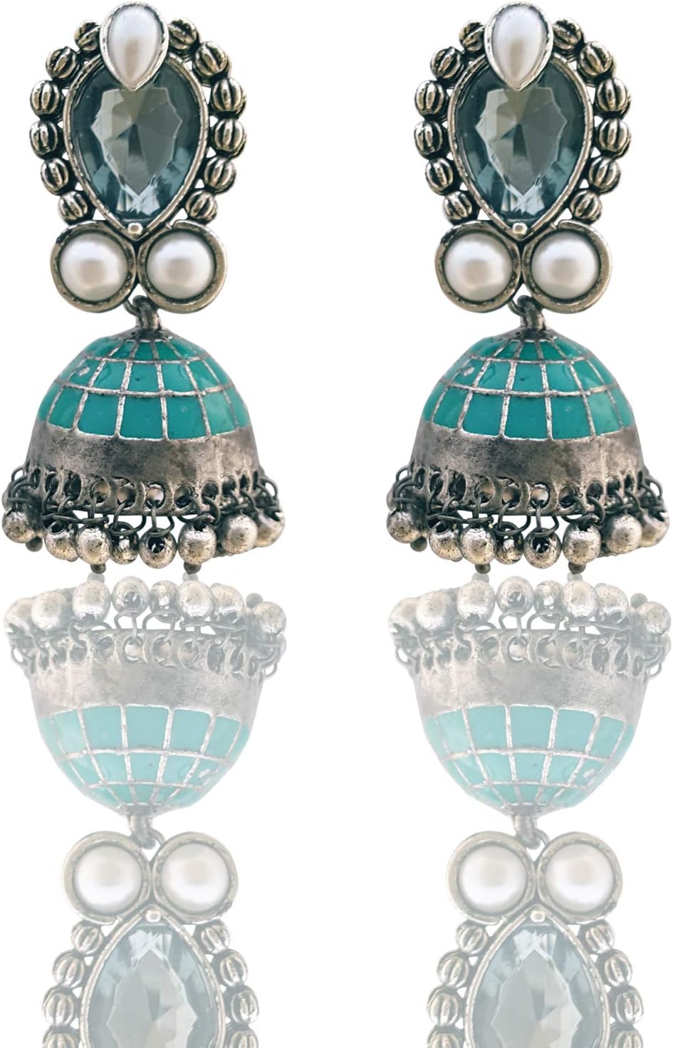 Moonstruck Traditional Indian Golden Minakari Jhumka Earrings with Stones And Pearls for Women (Green)