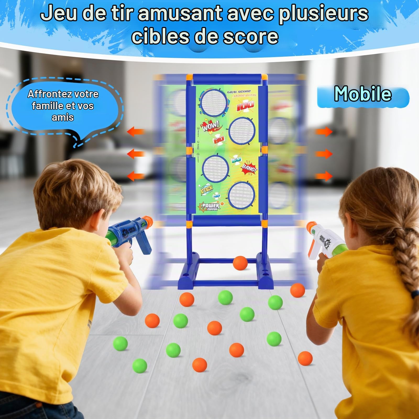 deAO Cible de Tir Mobile pour Enfants avec 2 Pistolets et 30 Balles Mousse | Mousse Eva Non-Toxique, 2 Modes (Statique/Dynamique), Extérieur/Intérieur, 3+ Ans, Cadeau Créatif Pour Jardin, Jeu En Famille