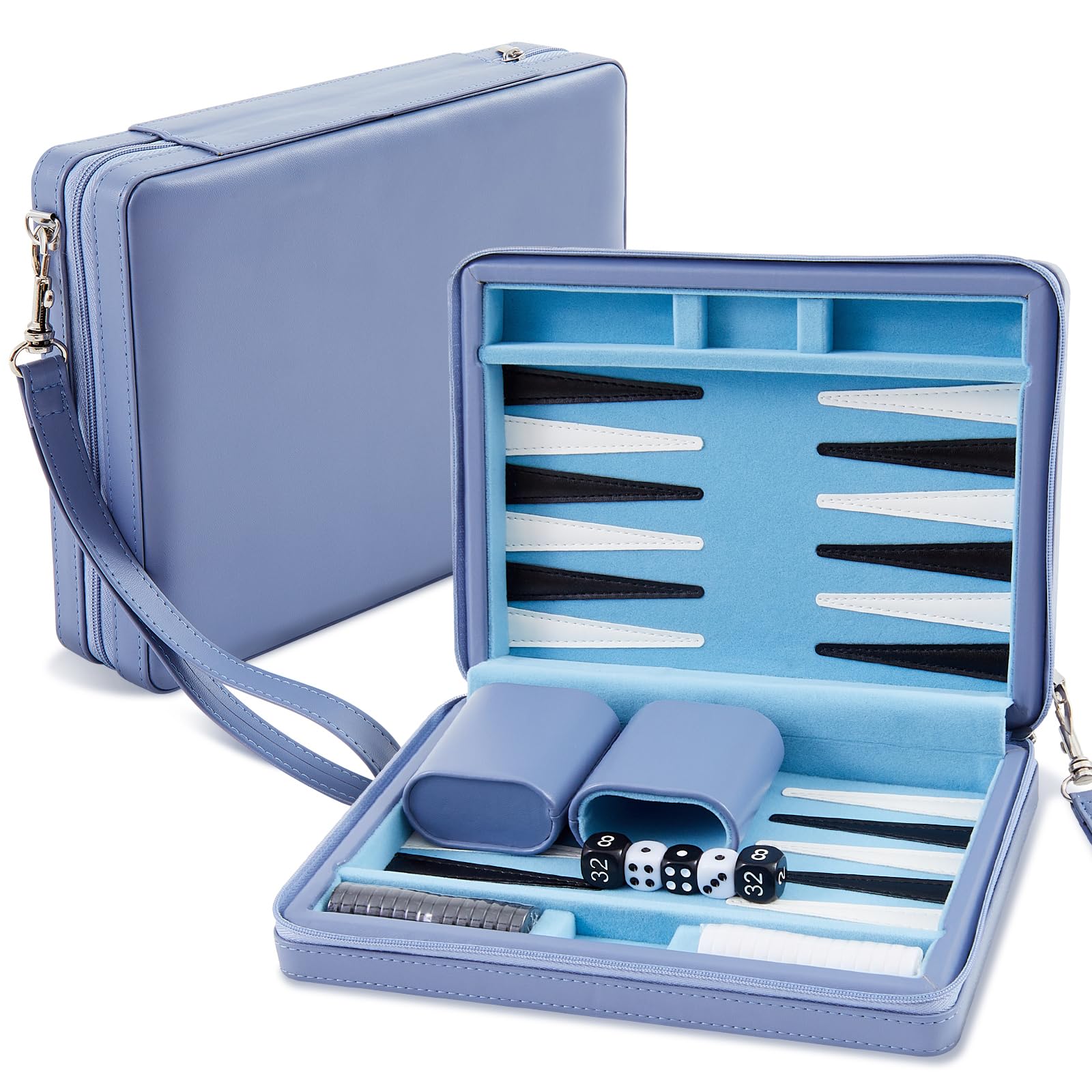 Jerify Reise-Backgammon-Set, Brettspiele für Erwachsene, tragbares Backgammon, 23,9 x 18 cm, Kunstlederetui, magnetische Chips, klassisches Strategiespiel für Familien, Flugzeug, Camping (blau)