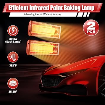 Infrared Paint Curing Lamp, 2Pcs 2000W 110V Automotive Infrared Paint Curing Heater Lamp, RT- 200 C/392 F Heating Temperature, 1m 3/ 35.3ft 3 Each Lamp Heating Area, for Automobile & Furniture
