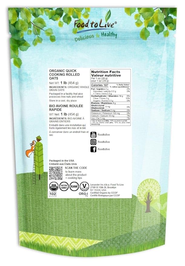 Avena Orgánica de Cocción Rápida - Grano Entero - 16 Onzas miniatura 2