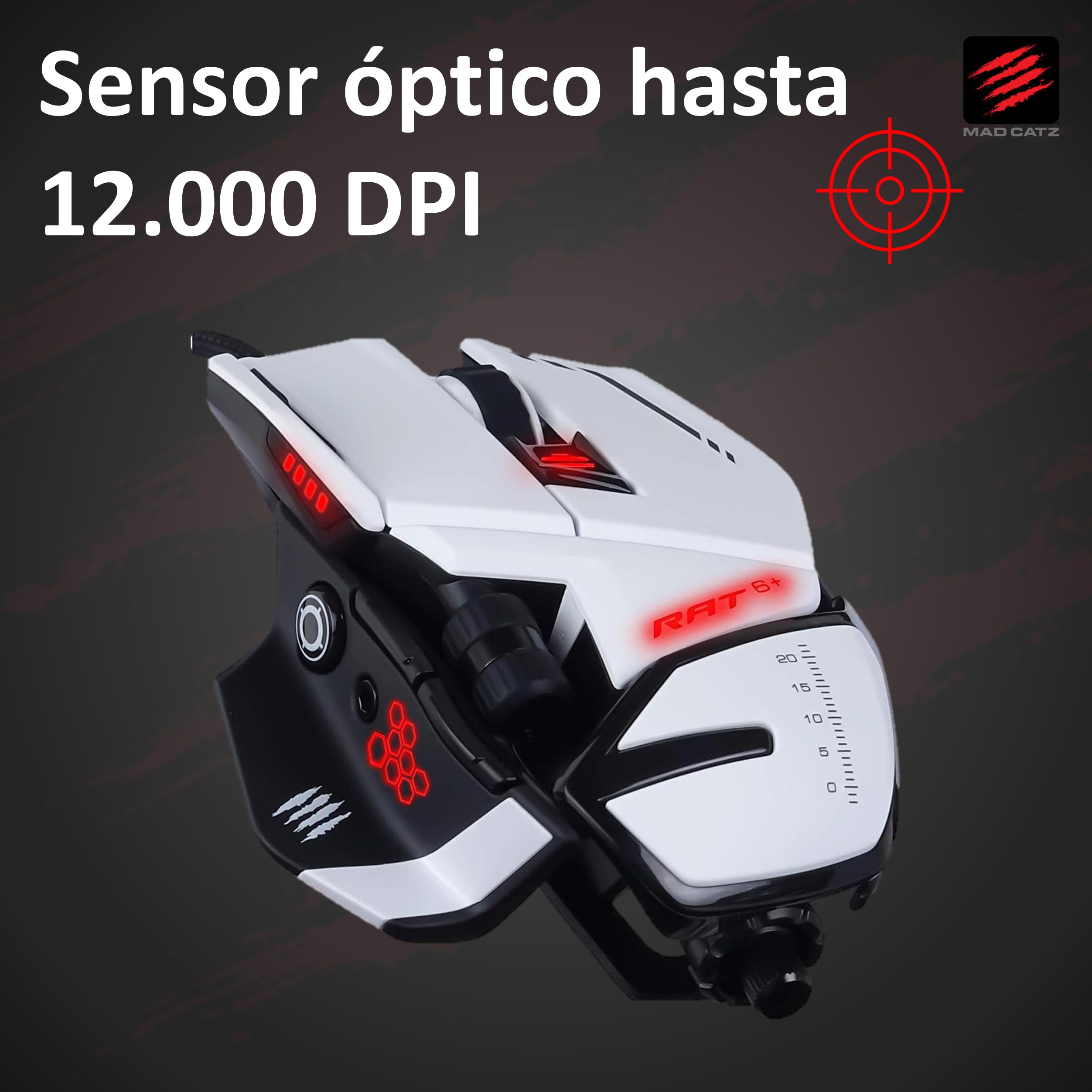 Mad Catz R.A.T. 6+ Mouse Gaming USB Cablato per PC - Mouse Ergonomico RGB con 11 Pulsanti Programmabili - Sensore Ottico Pixart PMW3360 12000 DPI - Poggiapolsi Regolabile - Bianco