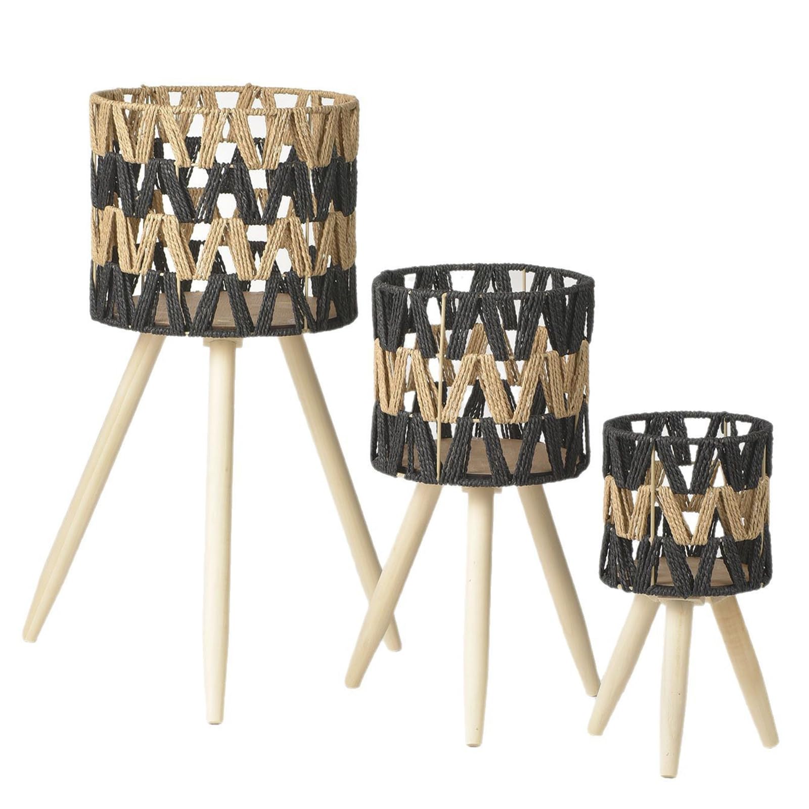 Tissting Pflanzenständer Imitation Rattan Blumenständer, 3er Set Holz Dreieck Blumenhocker Pflanzenhocker Deko Hocker für Innen Balkon Wohnzimmer Deko 15/20/25cm