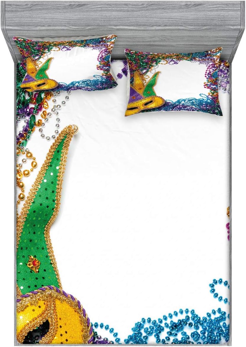 Ambesonne Mardi Gras Fitted Sheet & Pillow Sham Set, Colorful Framework Design Vibrant Beads and Fat Tuesday Holiday Theme, Decorative Printed 3 Piece Bedding Decor Set, Full, Multicolor