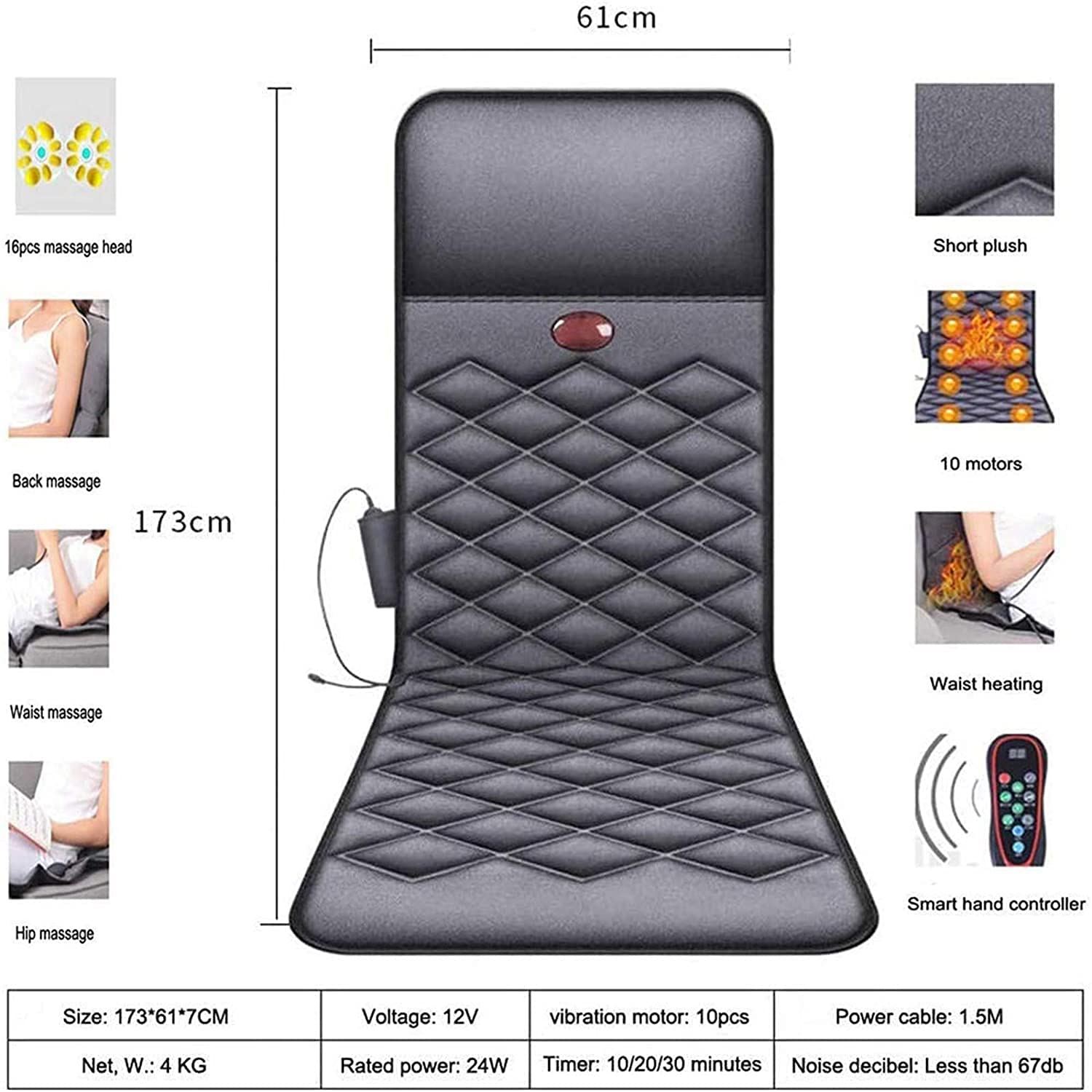 Estera de masaje con calefacción con 20 cabezales de masaje para amasar el cuello, 10 motores vibratorios, 9 modos y 9 niveles, cojín masajeador de cuerpo completo, colchón de masaje, estera de masaje