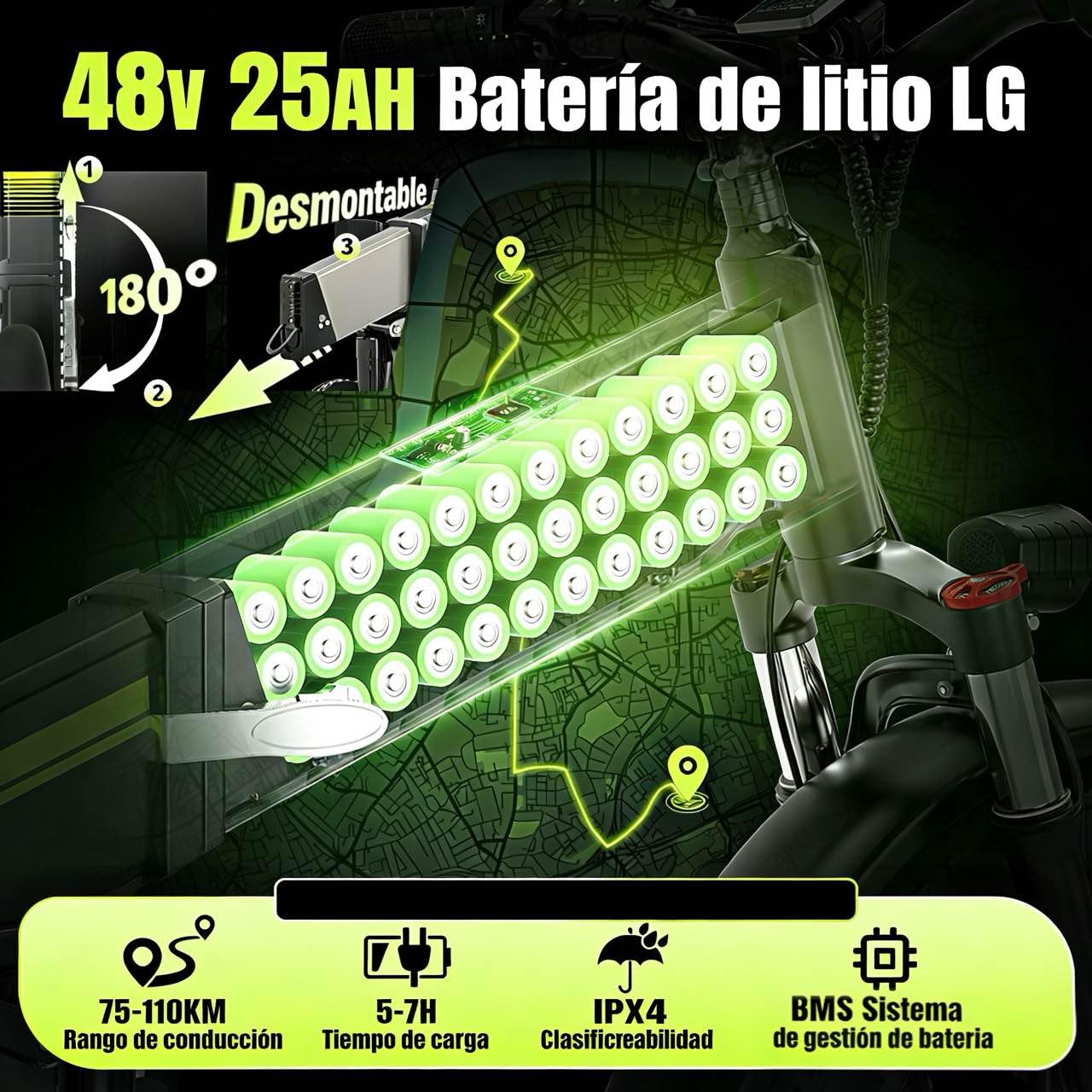 DEEPOWER Bicicleta Eléctrica Plegable, Neumáticos Gruesos 20''×4.0, Batería de Litio Extraíble 48V 25Ah, Autonomía 110 km, Motor de Alto Rendimiento, Velocidades, Suspensión Completa y Frenos