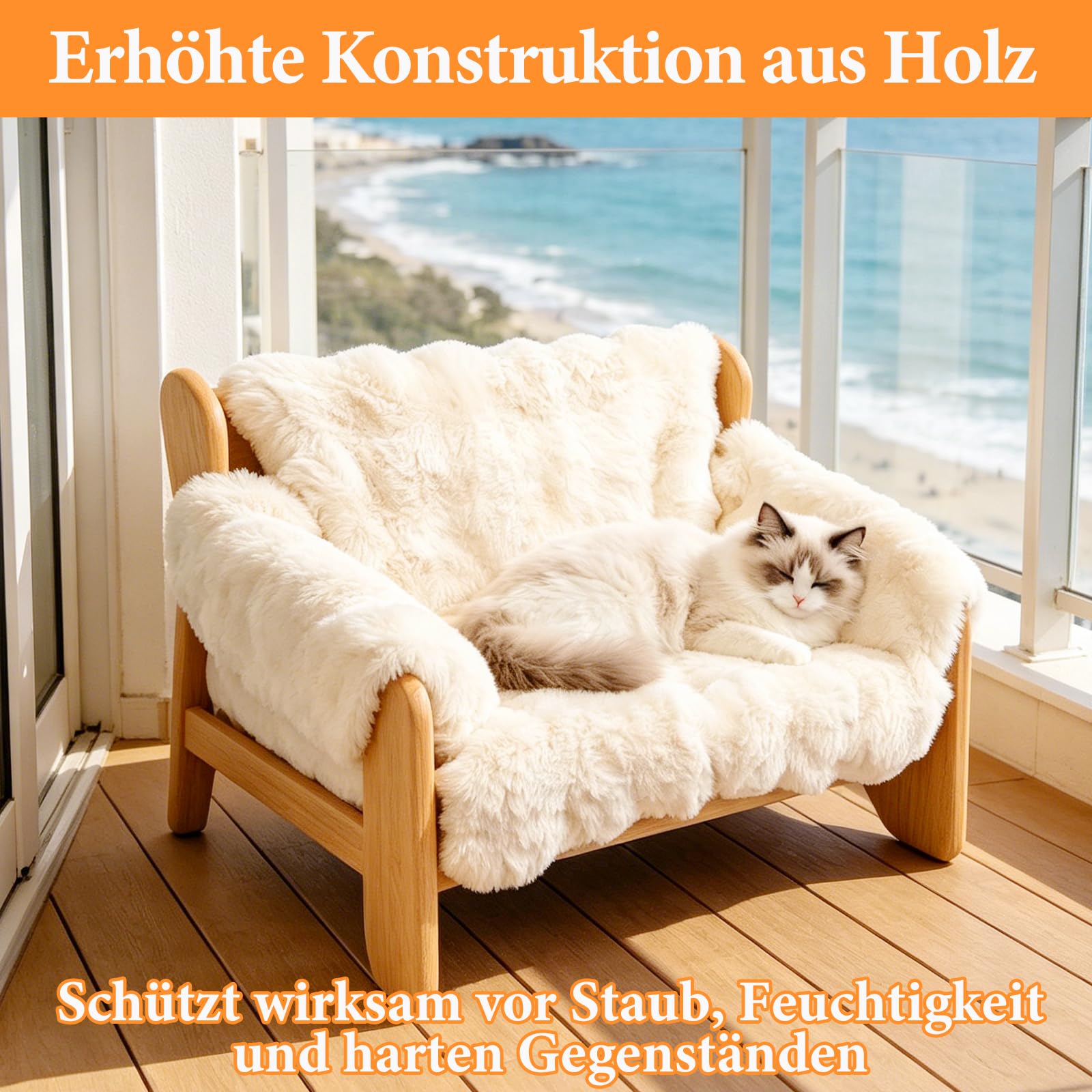 AtomviaErhöhtes Katzenbett aus Holz 69 x 47 x 30 cm, Katzensofa mit Abnehmbarem Waschbarem Plüschbezug, Katzenliege Indoor, Robustes Katzenmöbel für Kleine und Große Katzen, Cremeweiß