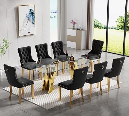 Miniatura 42 de SSLine Moderno juego de mesa de comedor de cristal de 7 piezas para 6 mesas de cocina y sillas de cristal dorado de lujo para 6 elegantes mesas de