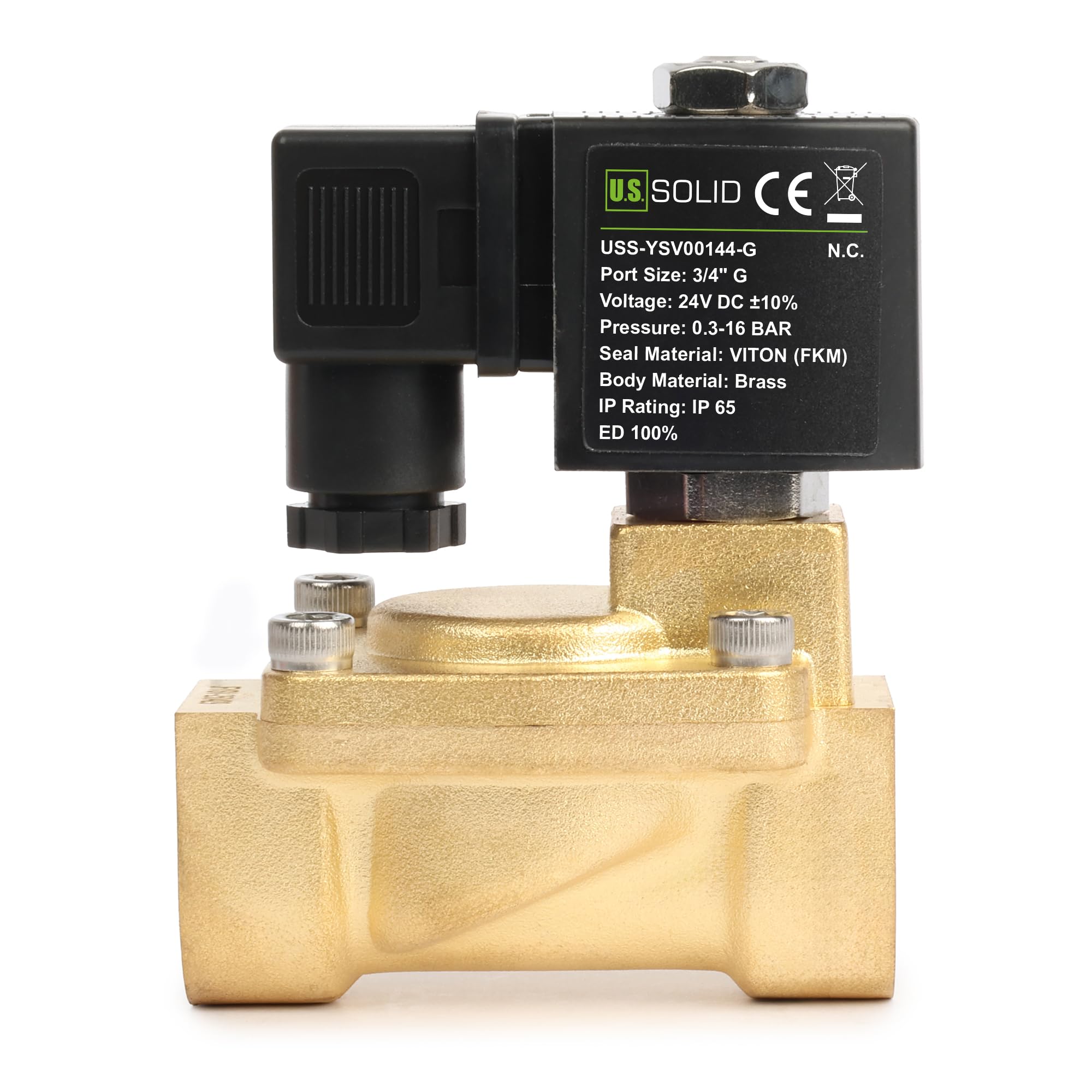 U.S. Solid Elettrovalvola a solenoide in ottone 3/4" G – 24V DC, 0,3–16 bar, normalmente chiusa, guarnizione VITON, funzionamento pilotato