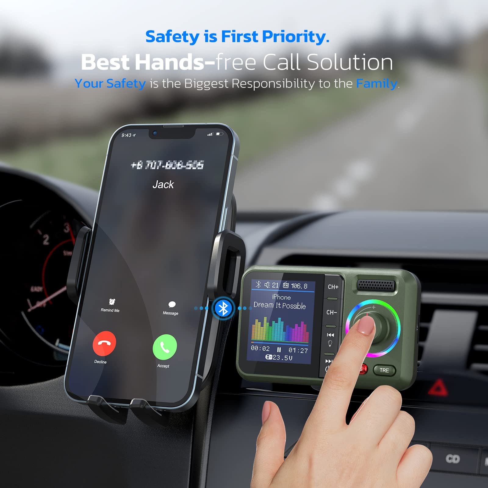 Nulaxy Trasmettitore FM Bluetooth per Auto, BT5.0 con Grande Schermo a Colori, Supporto Chiamate in Vivavoce, Siri&Google, Lettore Musicale MP3 BASS&TRE Booster, Scheda TF/AUX-KM28 Verde