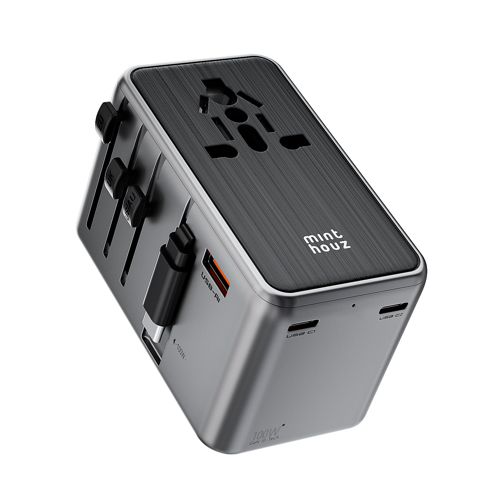 Minthouz Reiseadapter Weltweit,GaN Ⅲ PD 100W Universal Reisestecker mit 2 USB C und 1 USB A,Internationaler Steckdosenadapter mit ausziehbar Kabel,Universaladapter für UK USA Japan China (P100W-C)