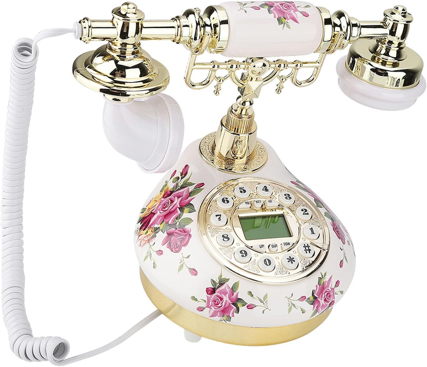 Retro Antique Telephone with Golden Removable Bracket, Electronic Desk Calendar, for Study or Home Store, Ceramic Material, 5.31x5.31x4.33 Inches