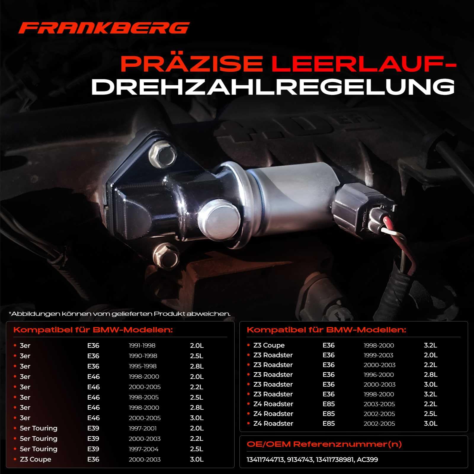 Frankberg Válvula reguladora de ralentí Regulador de ralentí Gasolina Compatible con Serie 3 cabrio E46 2.2L Serie 3 E46 2.2L Serie 5 E39 2.5L Serie 5 E39 2.0L Serie 3 cabrio E46 3.0L Replace# AC399