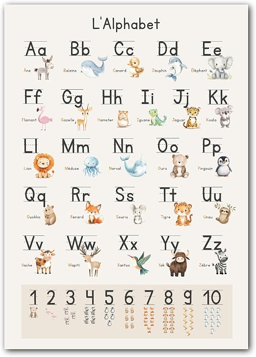 LAVEMA Lavema - Poster Éducatif A2 de l'Alphabet et des Chiffres avec Animaux Béige