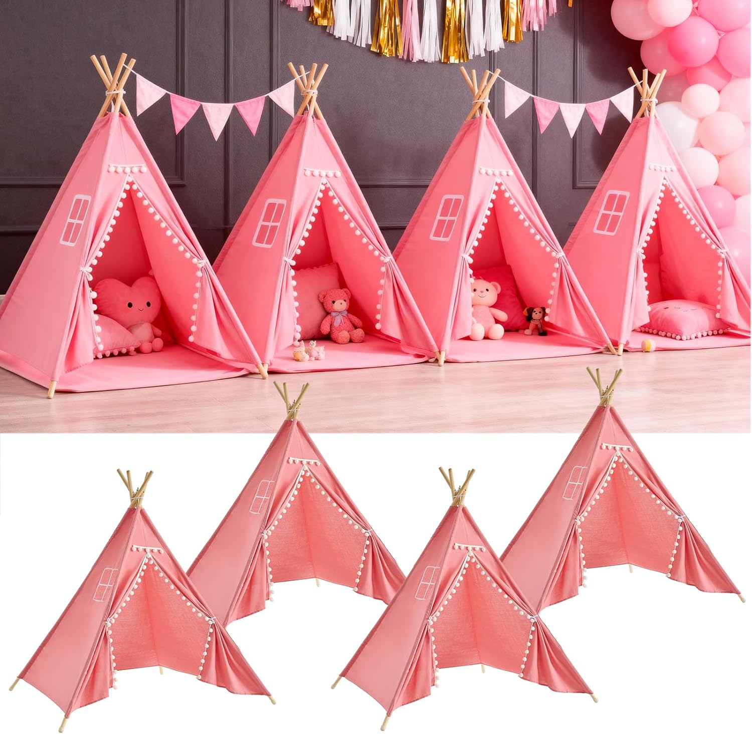 4 Pack Teepee Tent for Kids Slumber Party, Cotton Playhouse Tipi Sleepover Tent with Pompom & Lights for Girls & Boys Movie Night Birthday Party Supplies