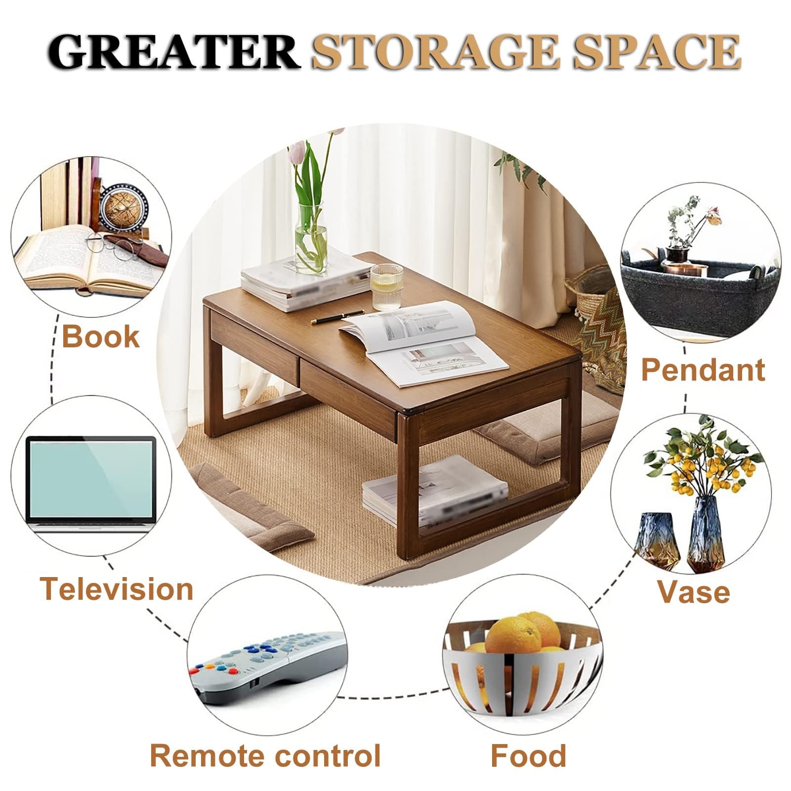 Tavolo da pavimento giapponese per meditazione, tavolino basso in tatami, piccolo tavolino da tè per camera da letto, balcone e sala da pranzo, design versatile, 70 x 42 x 30 cm