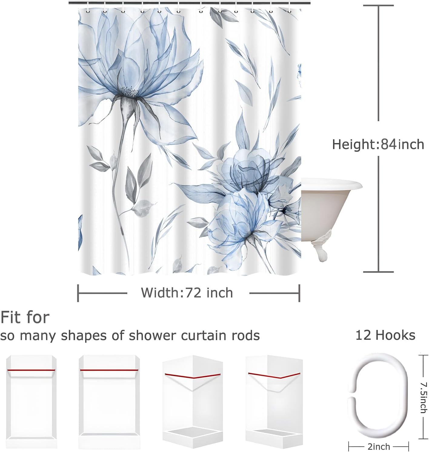Blue Grey Watercolor Floral Shower Curtain, Flower Leaves Minimalist Aesthetic Art Shower Curtains for Bathroom Sets Decor, Waterproof Polyester Cloth Fabric with 12 Hooks,72x84 Inch