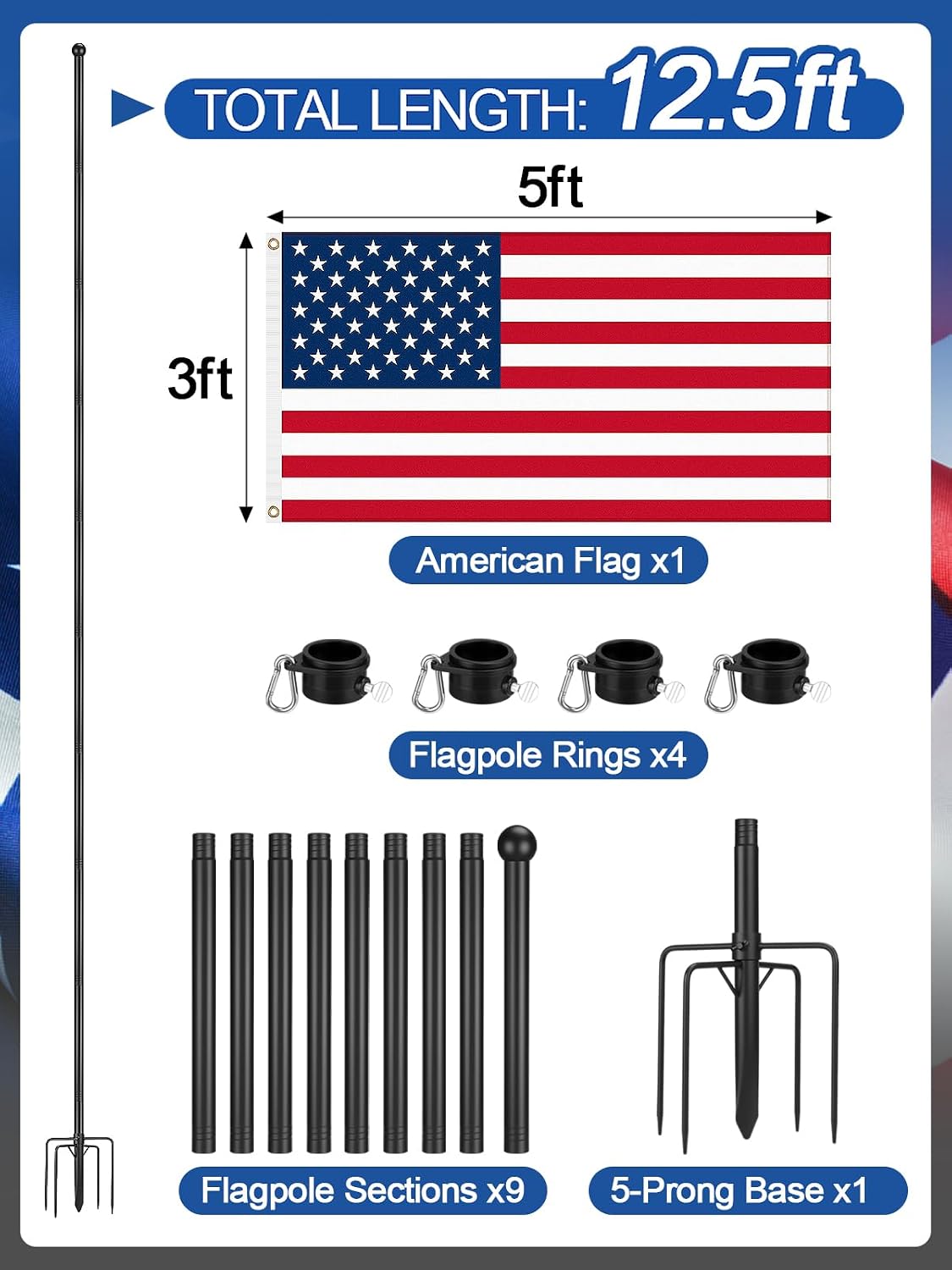 12.5FT Flag Pole for Outside House with 3'x5' American Flag - In-Ground Tangle Free Flagpoles Kit with 5 Prong Base, 4 Rotating Rings Fits 2 Flags, for Yard Lawn Garden