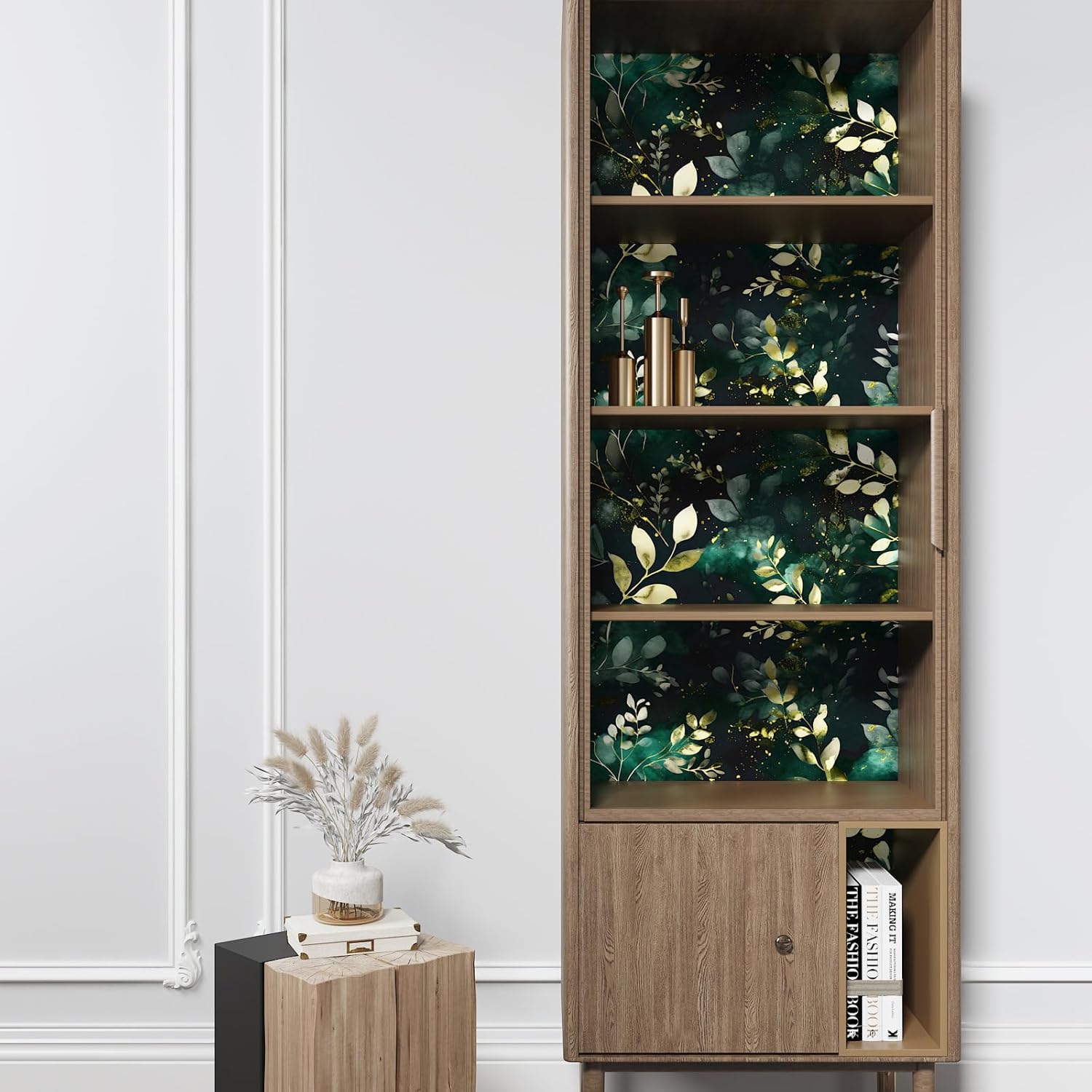 ILHIIOR Gold Leaf Wallpaper Peel and Stick Wallpaper Green Floral Vintage Contact Paper Leaf Wall Paper Removable Walcovering Self Adhesive for Cabinet Drawers Wall Decor 17.5''x393''