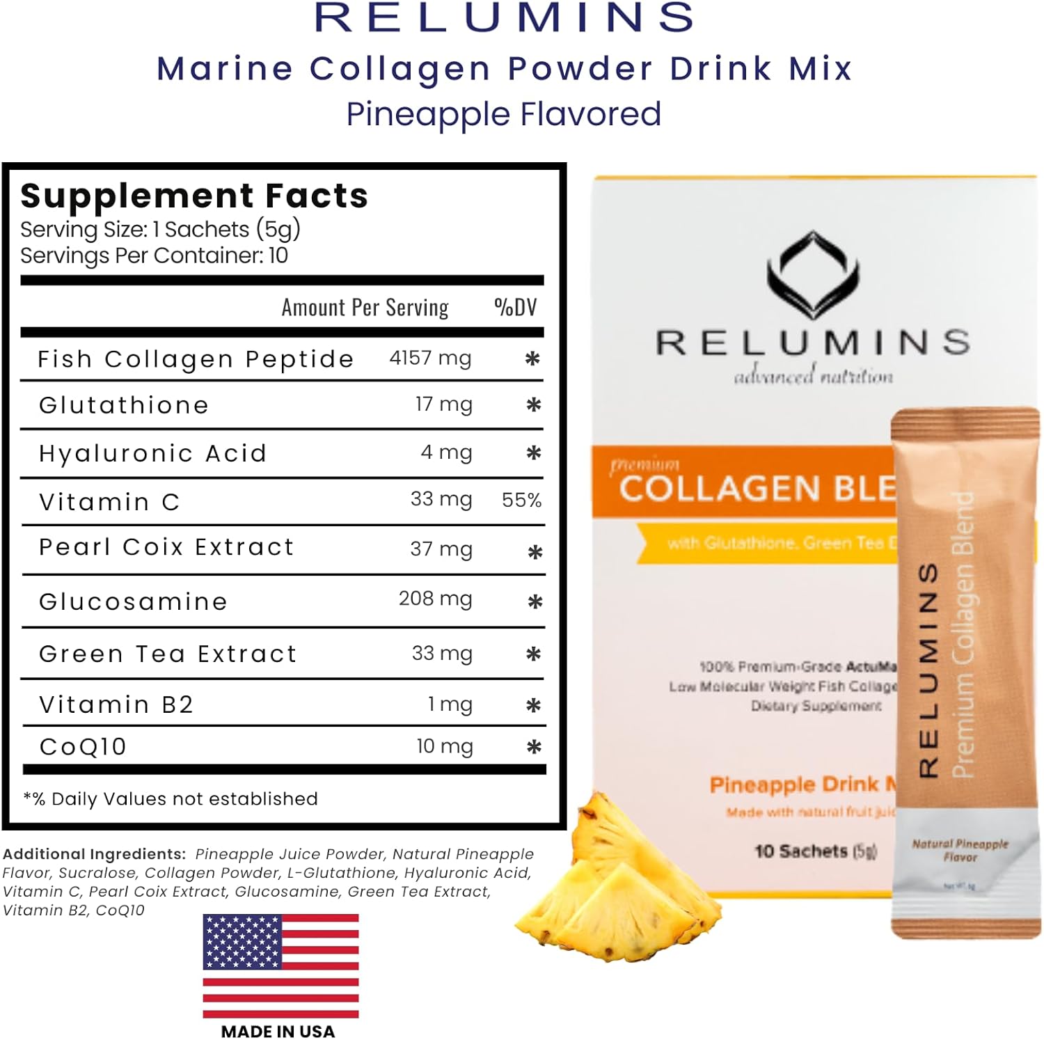 Relumins Marine Collagen Powder Drink Mix - Collagen Peptide with Glutathione, Green Tea, CoQ10, & Hyaluronic Acid Boosts Glowing Skin - 100 Powder Sachets x Pineapple Flavored + 10 Free Sachets