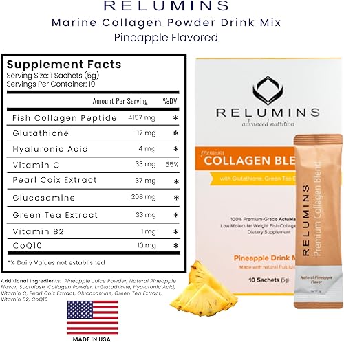 Miniatura 6 de Relumins Marine Collagen - Mezcla de bebida en polvo  Péptido de colágeno con glutatión, té verde, CoQ10 y ácido hialurónico que aumenta la piel