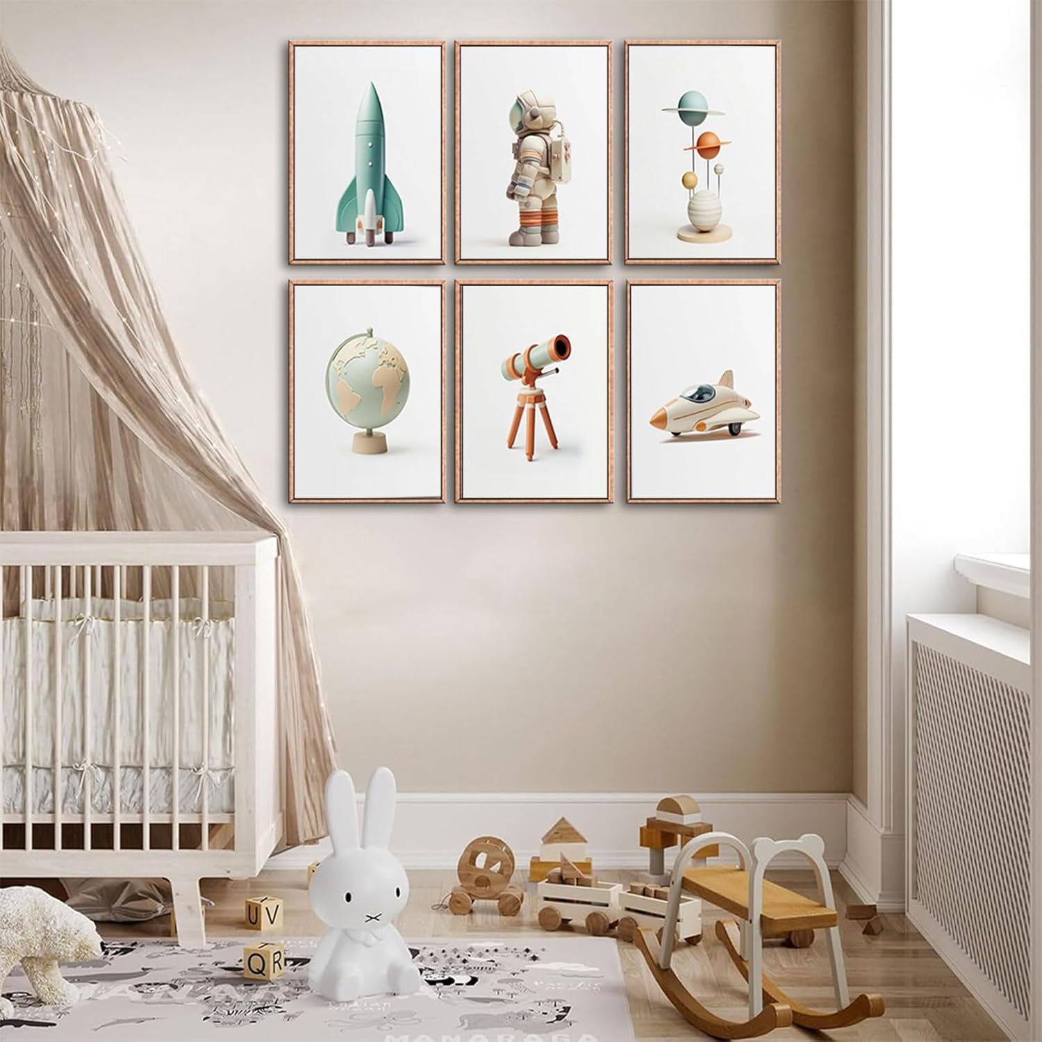 6pcs Nursery Astronaut Canvas Wall Art Boys Room Space Wall Decor Pictures Rocket Spaceman Earth Posters Prints for Classroom Toddler Boys Room Playroom Decoration Unframed