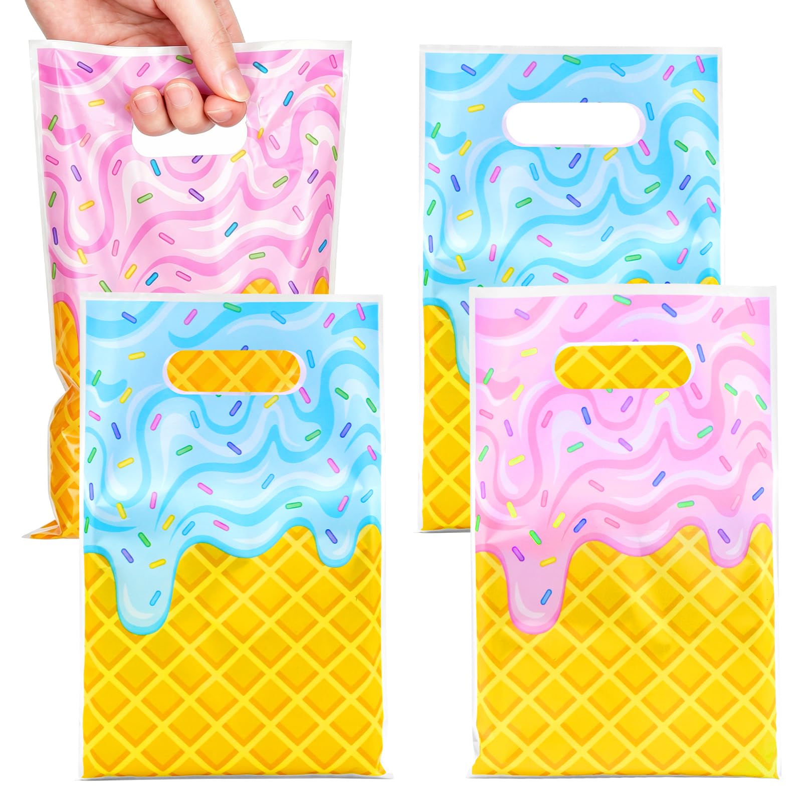 50 Pcs Ice Cream Treat Bags with Handles – Pink and Blue Ice Cream Goodie Bags for Candy, Cookies, Snacks, Birthday Party Favors and Summer Dessert Celebrations