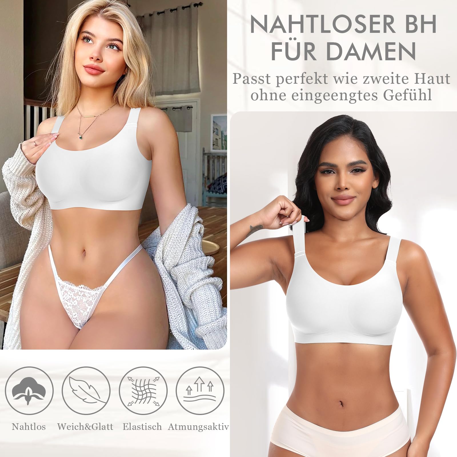 Nahtloser BH Damen Ohne Bügel Glatt Komfort Vollschalen Gepolstert Bustier Weicher BH Bequemer T-Shirt Soft BH Bra Bralette