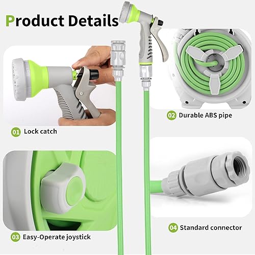 Miniatura 27 de Carrete de manguera retráctil para jardín, carrete de manguera portátil simple para el hogar de 45 + 5 pies con boquilla rociadora de 7 patrones