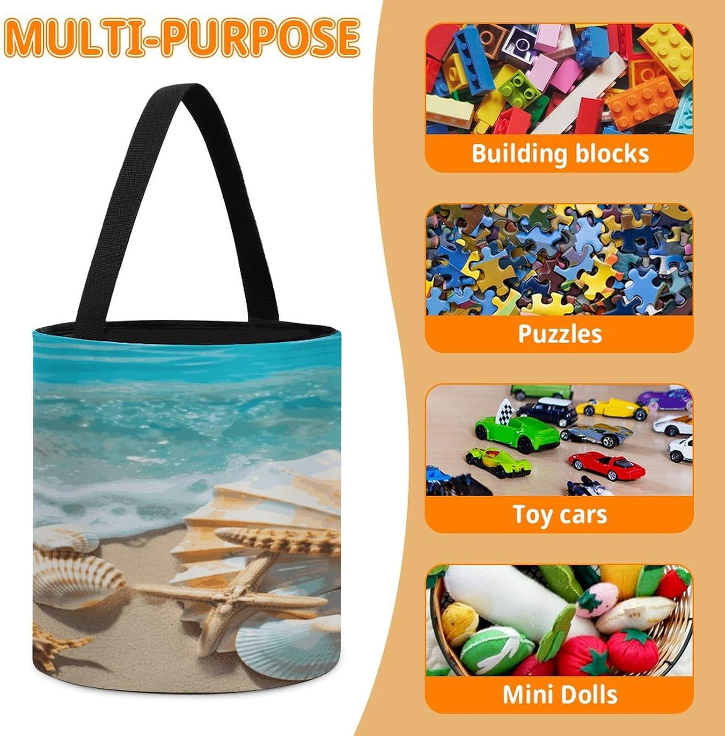 Ocean Sea Seashell Starfish Storage Bag Large Reusable,Storage Box with Handle Drawstringm, Toy Storage Organizer Travel Case for Building Toys for Puzzles, Building Blocks, Board Game, Stationery, Bo image 4