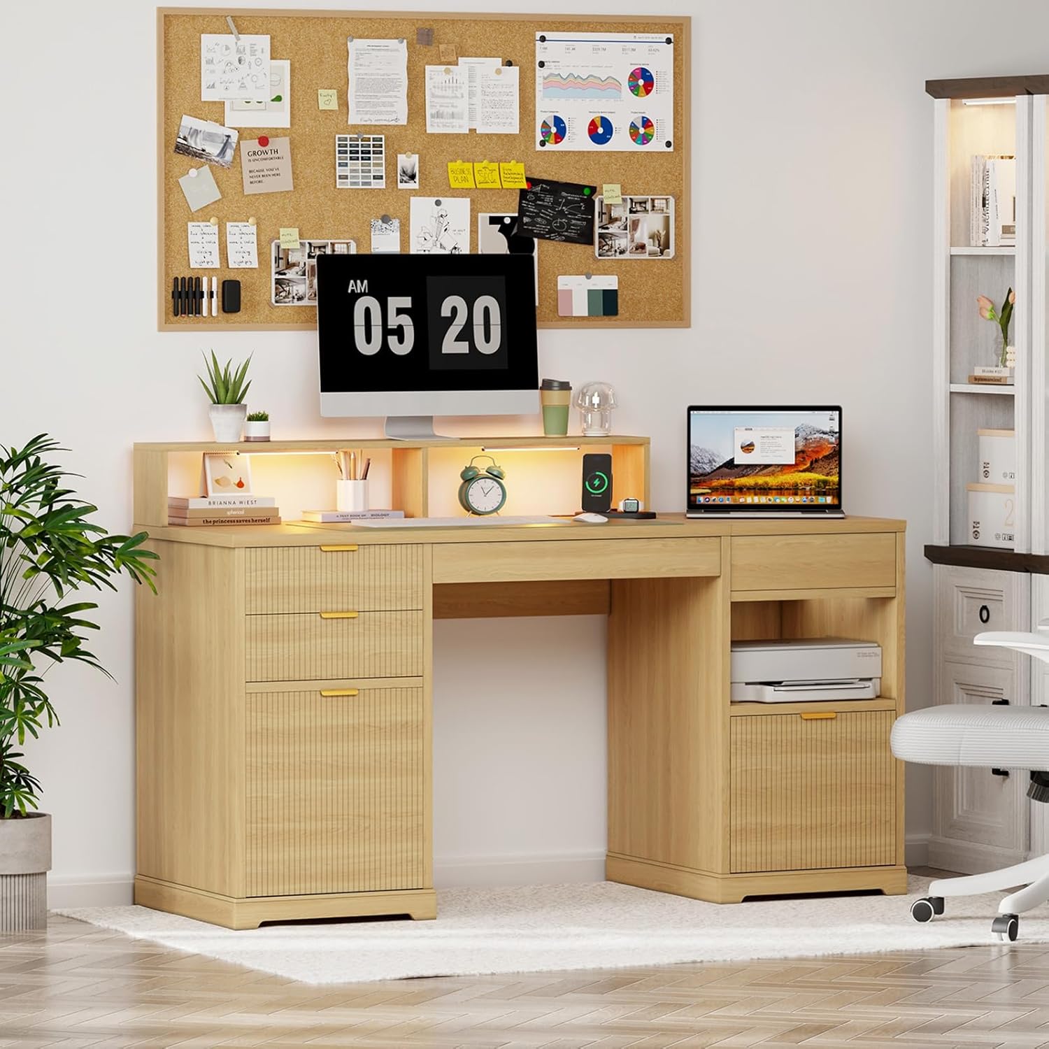 Fluted Desk with Drawers Filing Cabinet, 63" Home Office Executive Desk with Lift Top, Gaming Desk, Charging Station, Sensor Lights, Wood Computer Table with Monitor Stand, Natural Wood