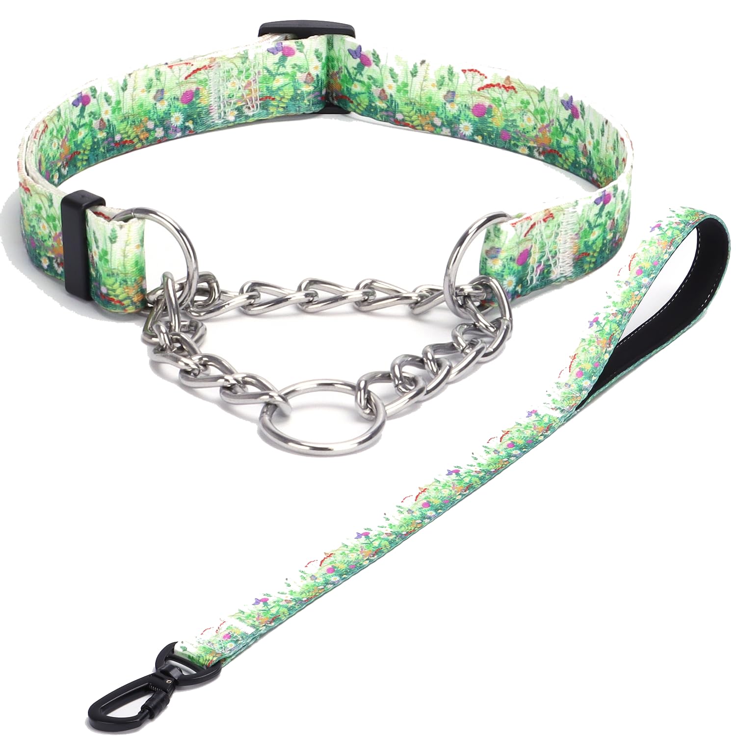 Collier anti-traction chien L avec chaîne inox et laisse florale