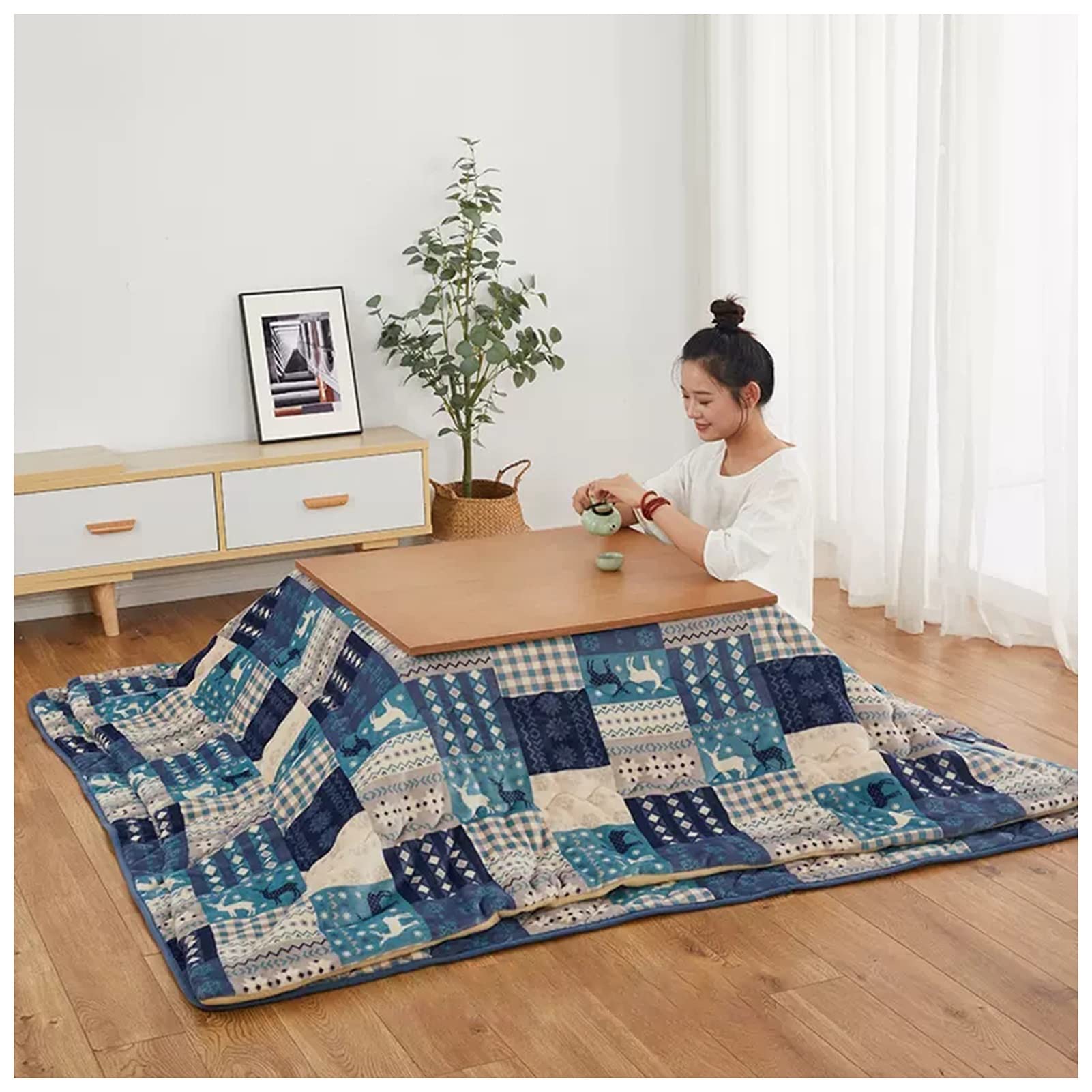 Stół grzewczy Stół kuchenny Składany niski stolik Stolik do herbaty w stylu vintage Stolik kawowy Stół grzewczy + kołdra + dywan + grzejnik，Natural-80x80x39cm