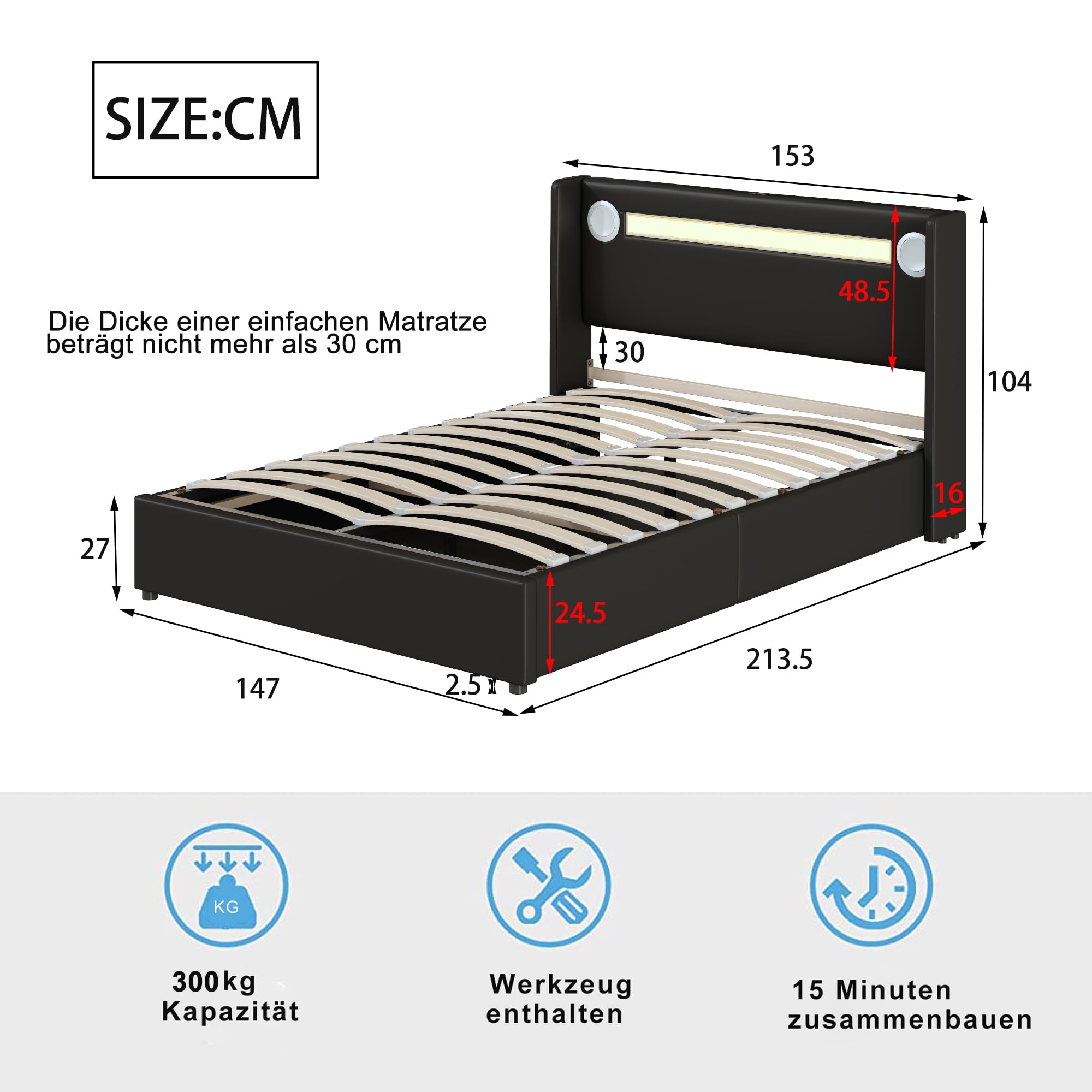 Merax Cama tapizada de 140 x 200 cm con tiras de luz LED, espacio de almacenamiento cama con reproductor Bluetooth y carga USB, para jóvenes y adultos, piel sintética negra (sin colchón)