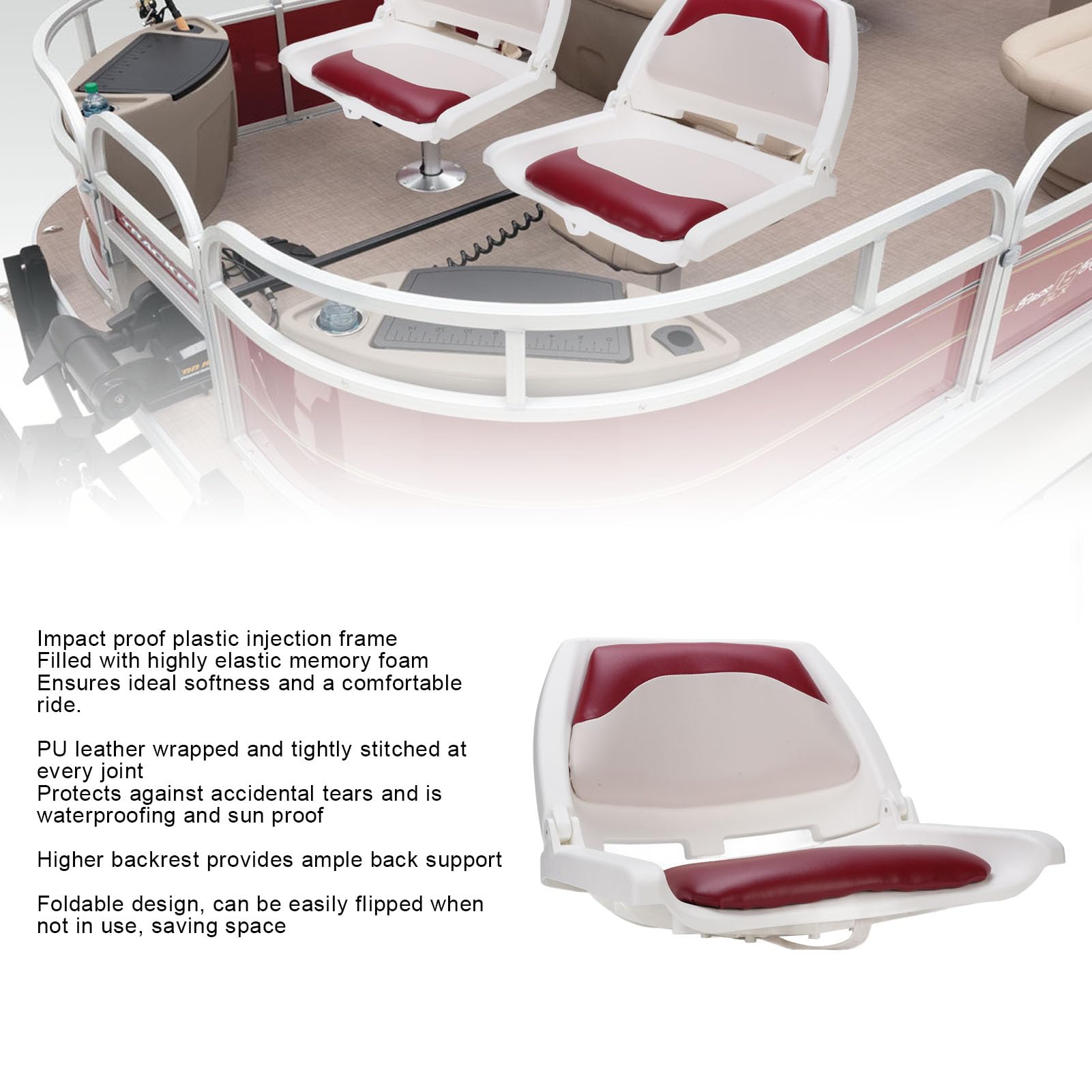 CHICIRIS Sedile pieghevole per barca, sedile da pesca pieghevole con schienale alto in pelle PU e memory foam per kayak, yacht, barche da pesca, resistenza di grado marino