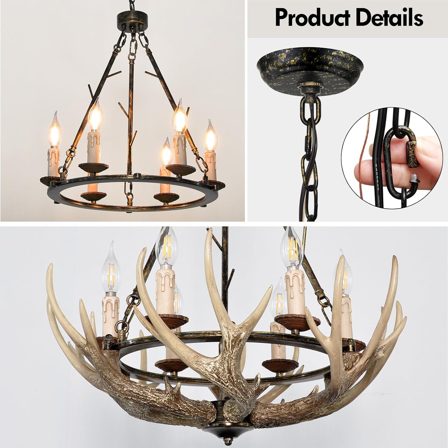 Rustic Antler Chandelier 6 Lights for Dining Room, Deer Farmhouse Chandeliers with Resin 6 Antlers and Wagon Wheel Frame Vintage Style Antler Light Fixtures for Living Room Kitchen Foyer