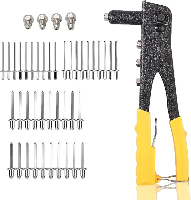 Pop Rivet Gun Kit CAMWAY Pop Riveter 4 Size 200pcs Rivets, 2.4mm 3.2mm 4mm 4.8mm, 4-in-1 Pop Rivet Gun with Carrying Case and Wrench Rivet Gun for Metal Wood and Plastic