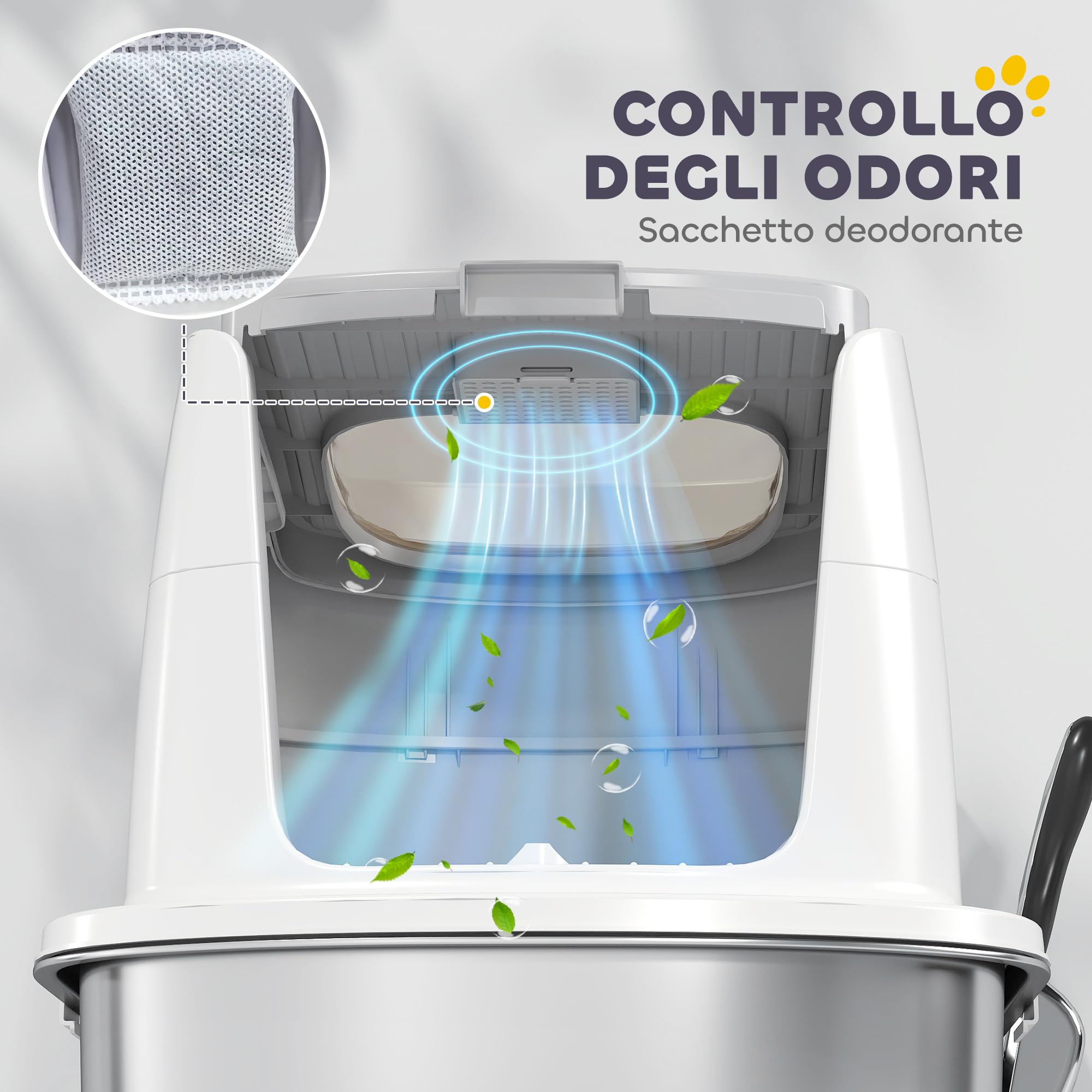 PawHut Lettiera per Gatti Chiusa a 2 Ingressi con Deodorante e Paletta, Lettiera per Gattini in Acciaio Inox, ABS e PP, 52.4x41.3x39.8 cm, Bianco