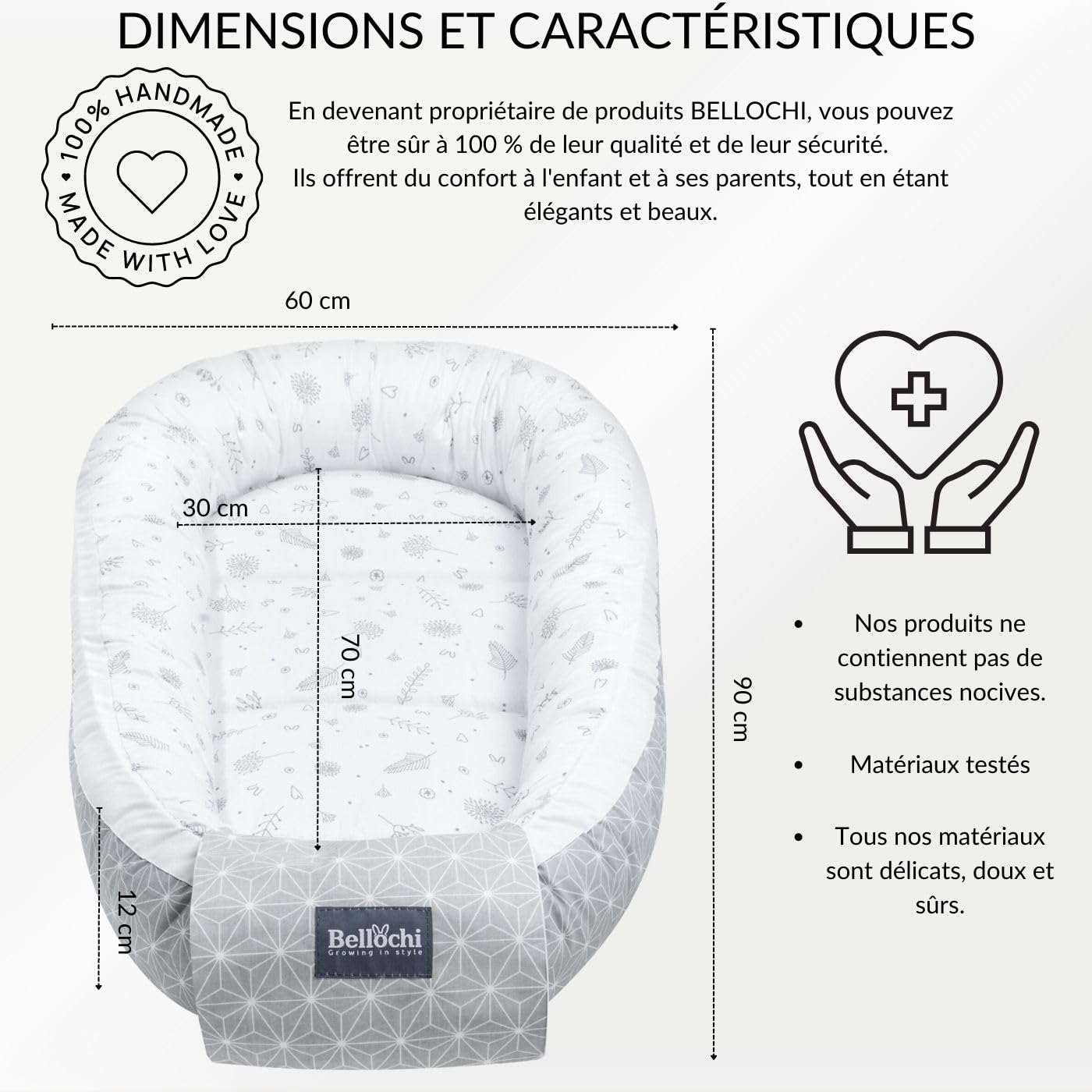 Bellochi Nid d'ange pour bébé - 100% Coton - Certifié Öko-Tex - 90 x 60 x 12 cm - Star Copse