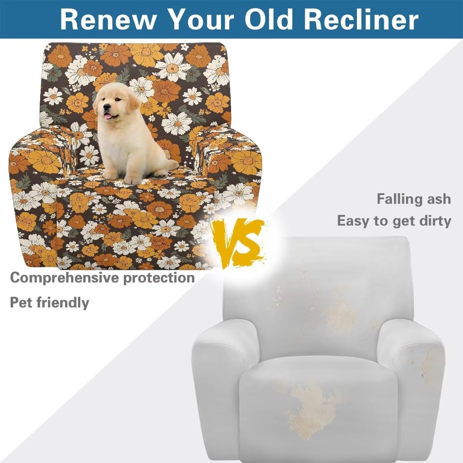 Daisy Flower Recliner Slipcovers Stretch Recliner Chair Cover 4-Pieces Chair Covers Non Slip Reclining Furniture Protector Couch Cover 1 Seat Sofa Recliner Protector