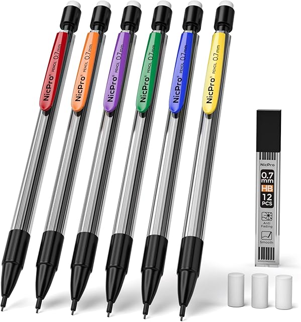 Nicpro 6 PCS 0.7 mm Mechanical Pencil Set, Color Pencil Clips Design Drafting Pencil with 0.7mm HB Lead Refills, 3 Eraser Refills for Student Writing, Drawing, Sketching