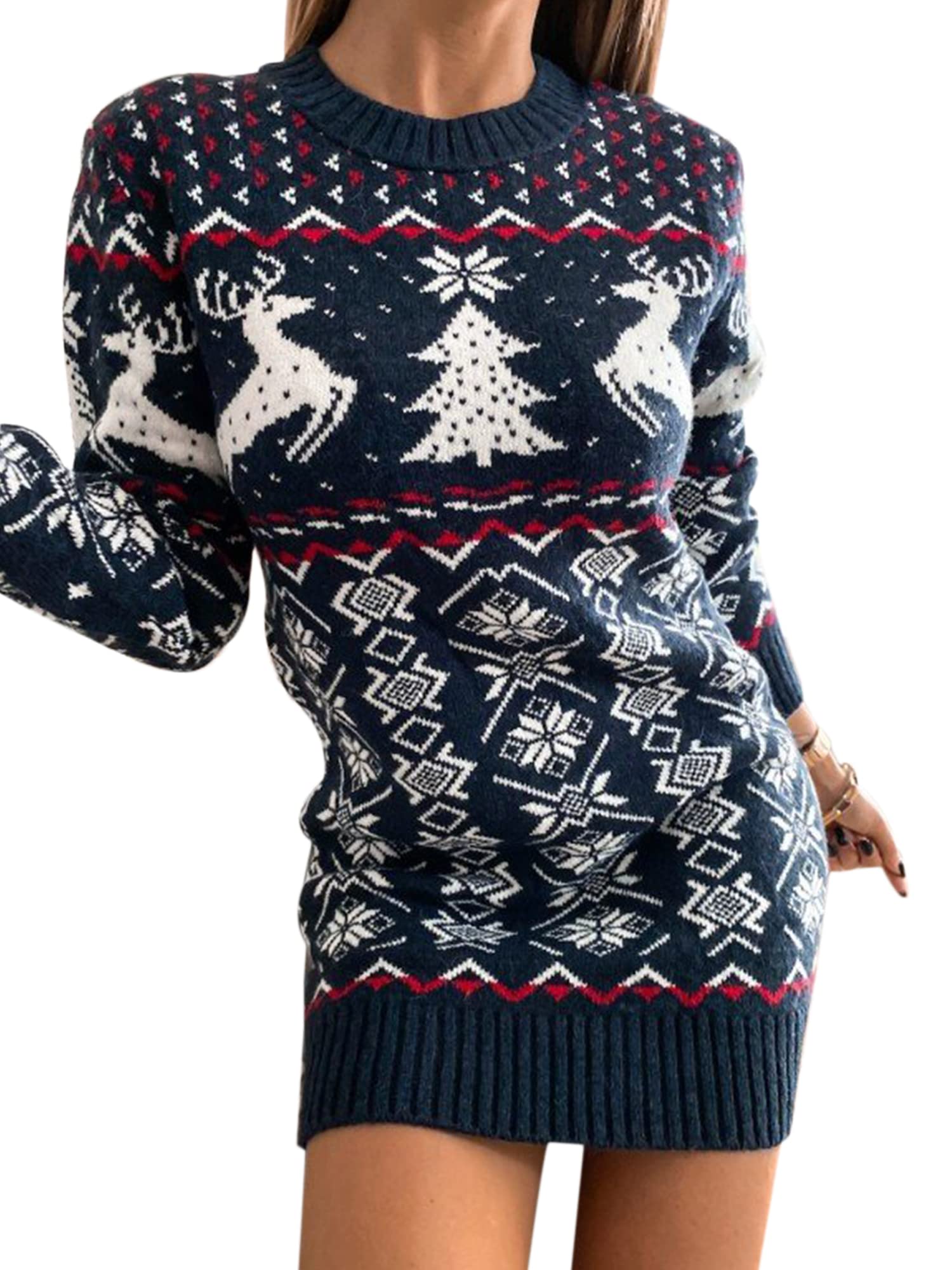 Women Christmas Sweater Dress Reindeer Snowflake Knit Long Sleeve Round Neck Pullover Dress