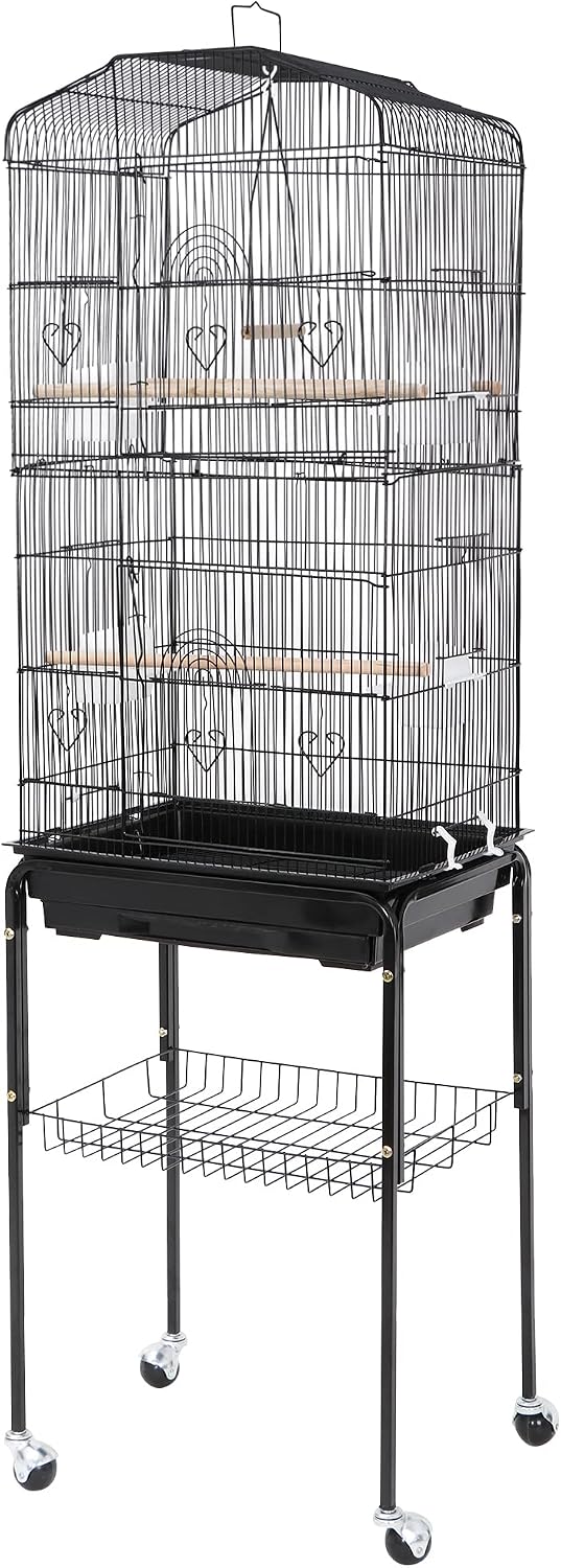 59.3 Inches Medium Bird Cage Rolling Stand Wrought Iron Construction Lovebird House Pet Supplies with Storage Shelf for Parrot Cockatiel…