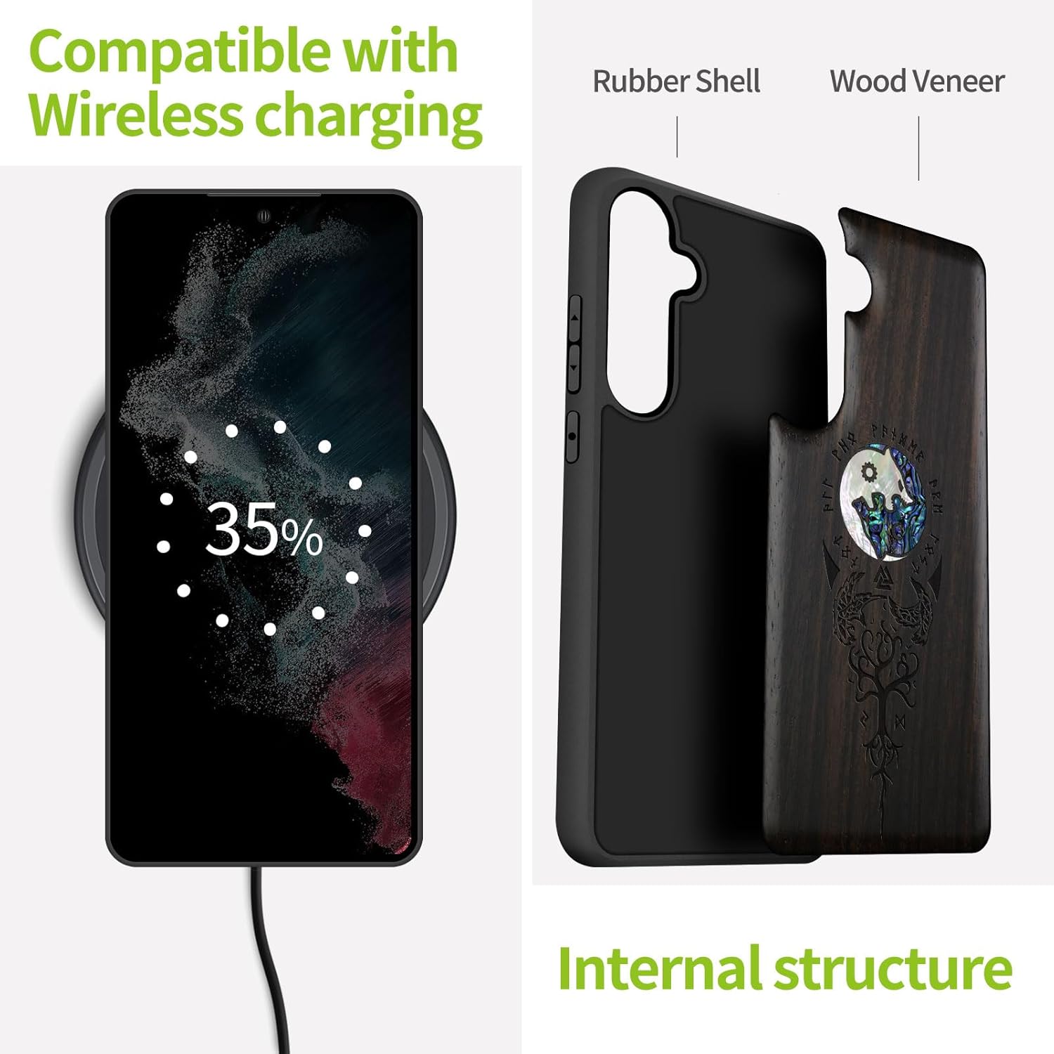 Carveit Designer Wooden Case for Samsung Galaxy S24 Case [Wood Engraving & Shell Inlay] Compatible with Wireless Chargers S24 Cover (Yin Yang Wolf-Blackwood)