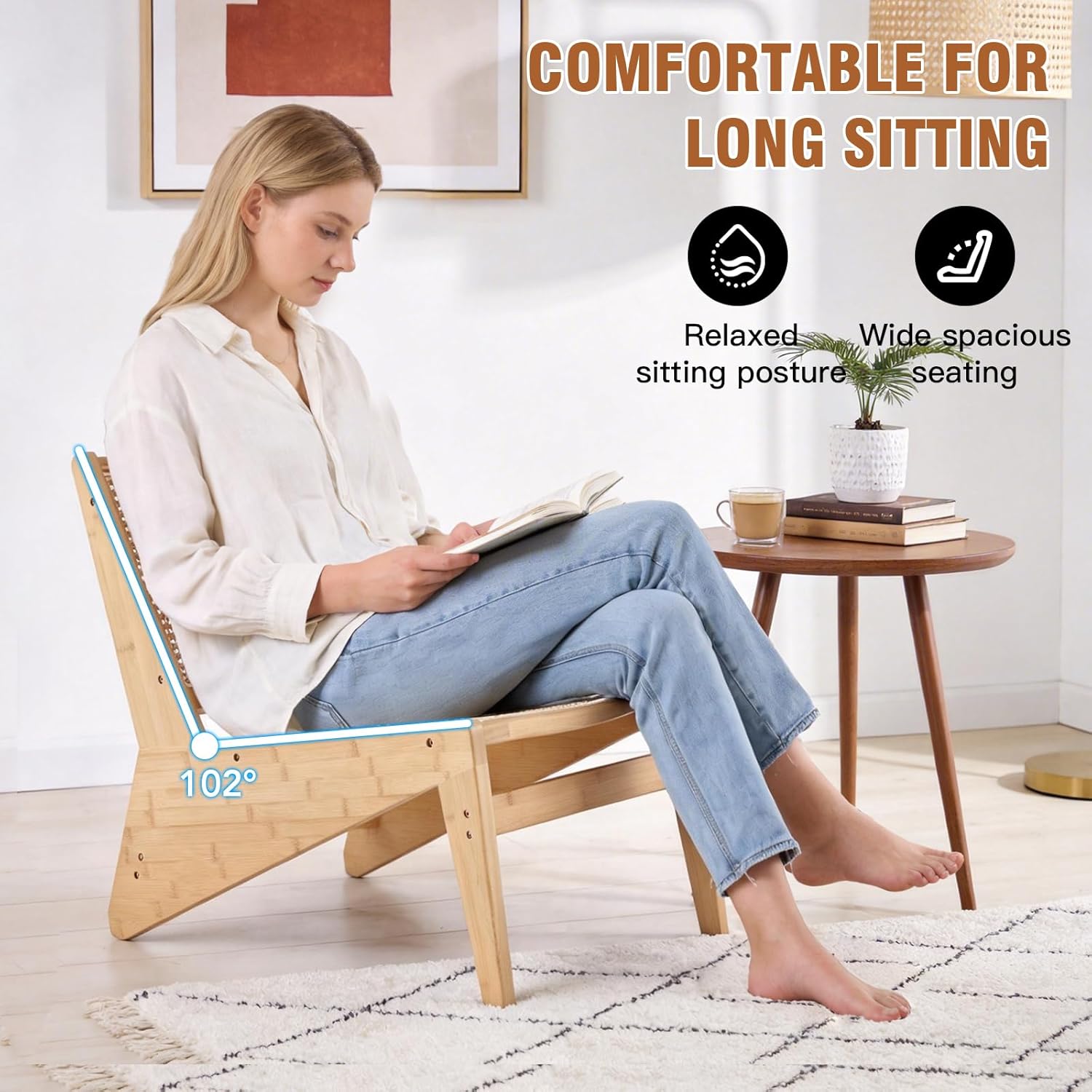 Mid Century Modern Accent Chair Set of 2 for Living Room, Low Armless Lounge Chair with Solid Wood Frame, Comfy Armchair for Bedroom and Balcony, Wood