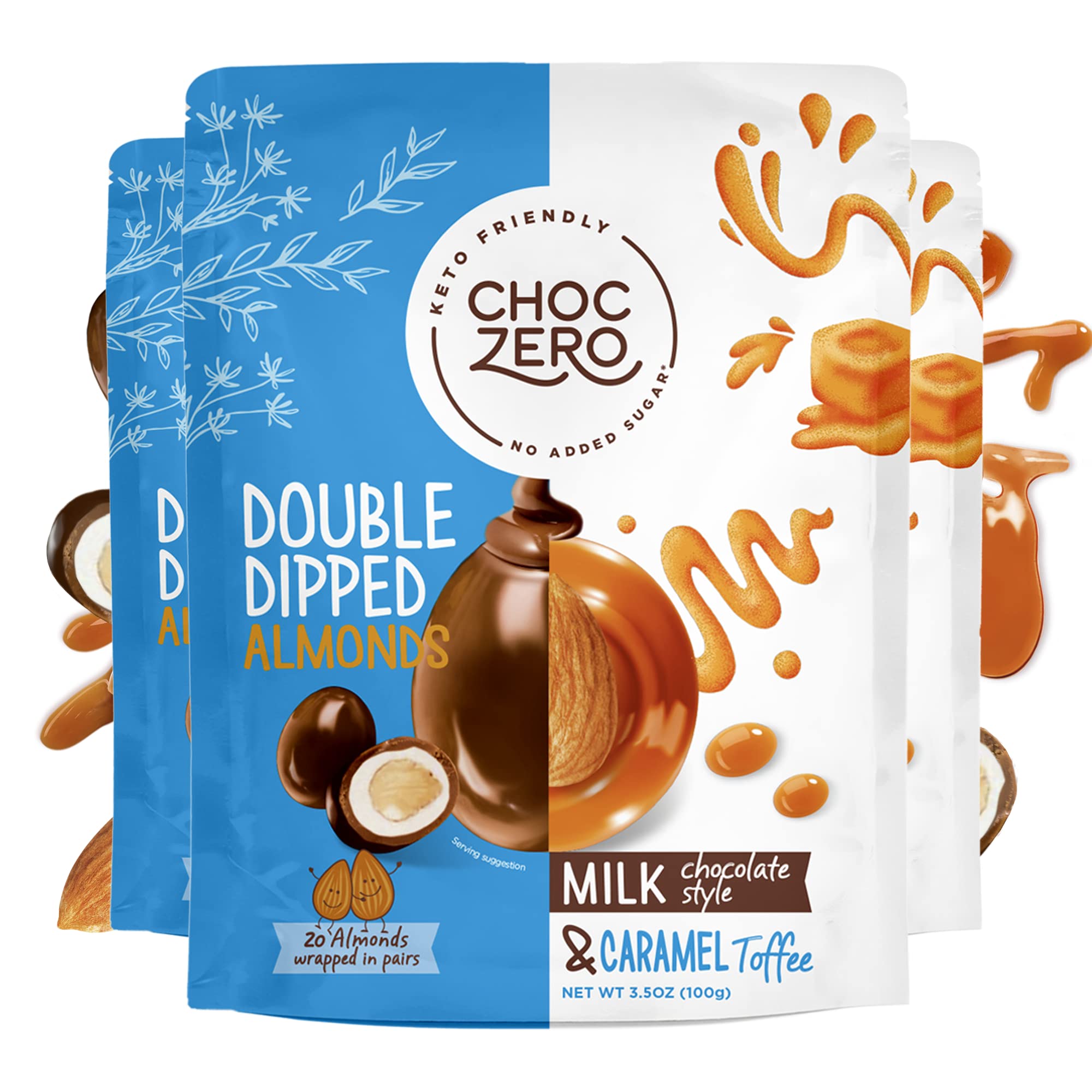 ChocZero's Keto Chocolate Covered Toffee Almonds - Roasted Nuts Dipped in Sugar Free Brittle - Low Carb, Healthy Snack (3.5oz each, 3 bags) - Milk Toffee 3.5 Ounce (Pack of 3)