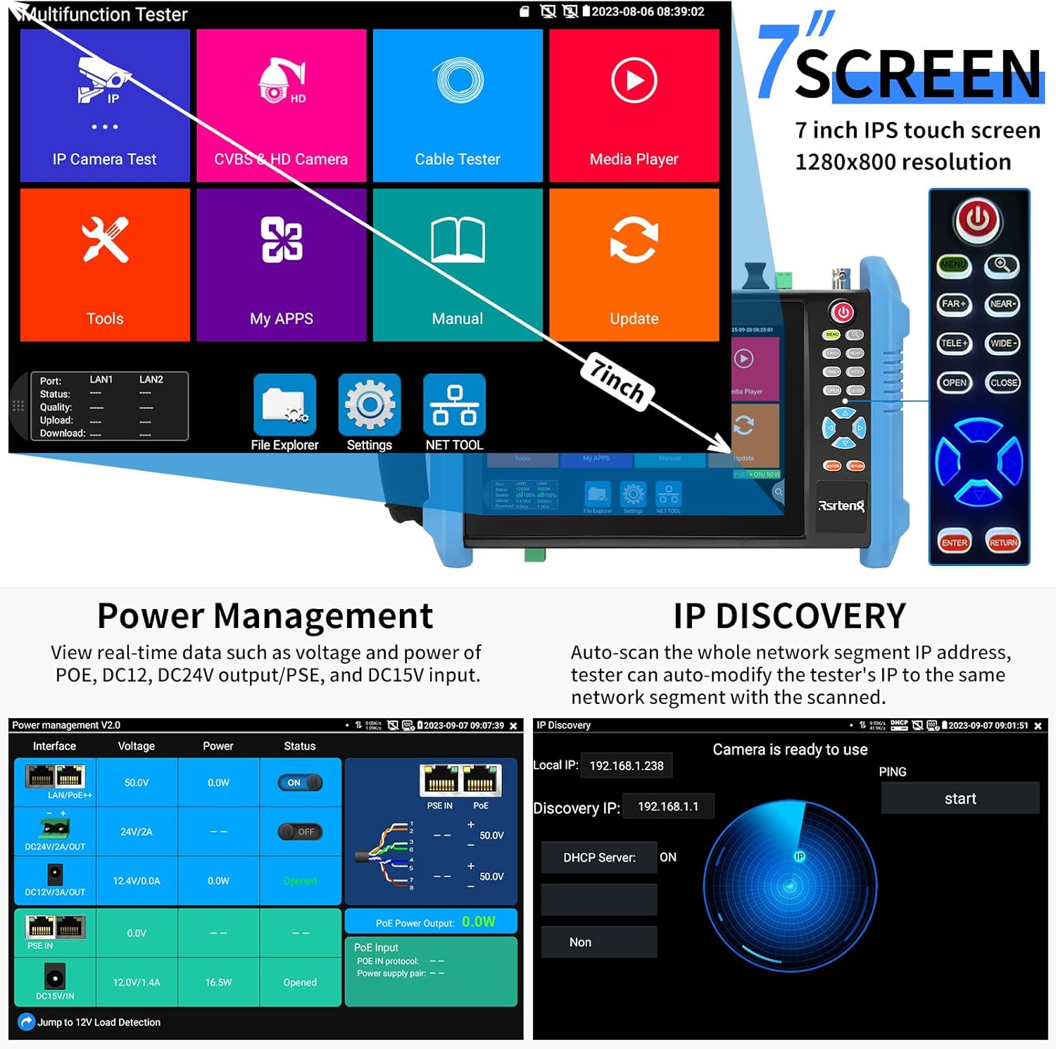 Rsrteng CCTV Tester 8K 32MP 4K 12MP IP Camera with POE++ max 90W, 8MP TVI/CVI/AHD/CVBS CCTV Camera Monitor, 1CH SFP Interface (8K IPC)