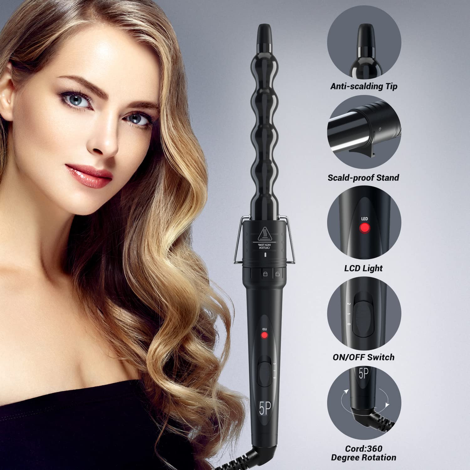 5 in 1 Curling Iron Wand Set, Ohuhu Upgrade Curling Wand 5Pcs 0.35 to 1.25 Inch Interchangeable Ceramic Barrel Heat Protective Glove, Dual Voltage Hair Curler for All Hair Type, Black, Christmas Gift : Beauty & Personal Care