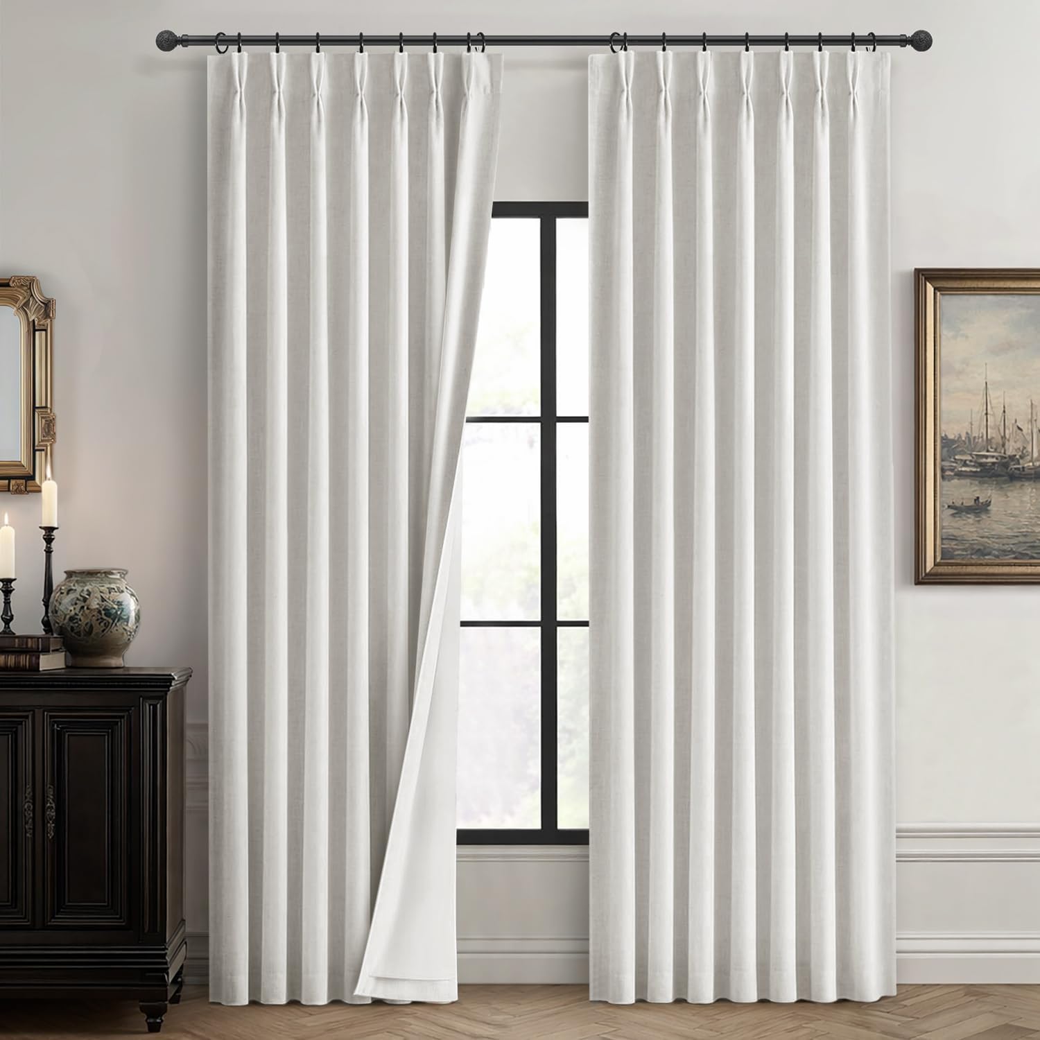 Pinch Pleated Linen Blackout Curtains 90 Inch Length, 2 Panels Textured Neutral Drapes for Living Room Bedroom Back Tab Window Curtains with Hooks, White